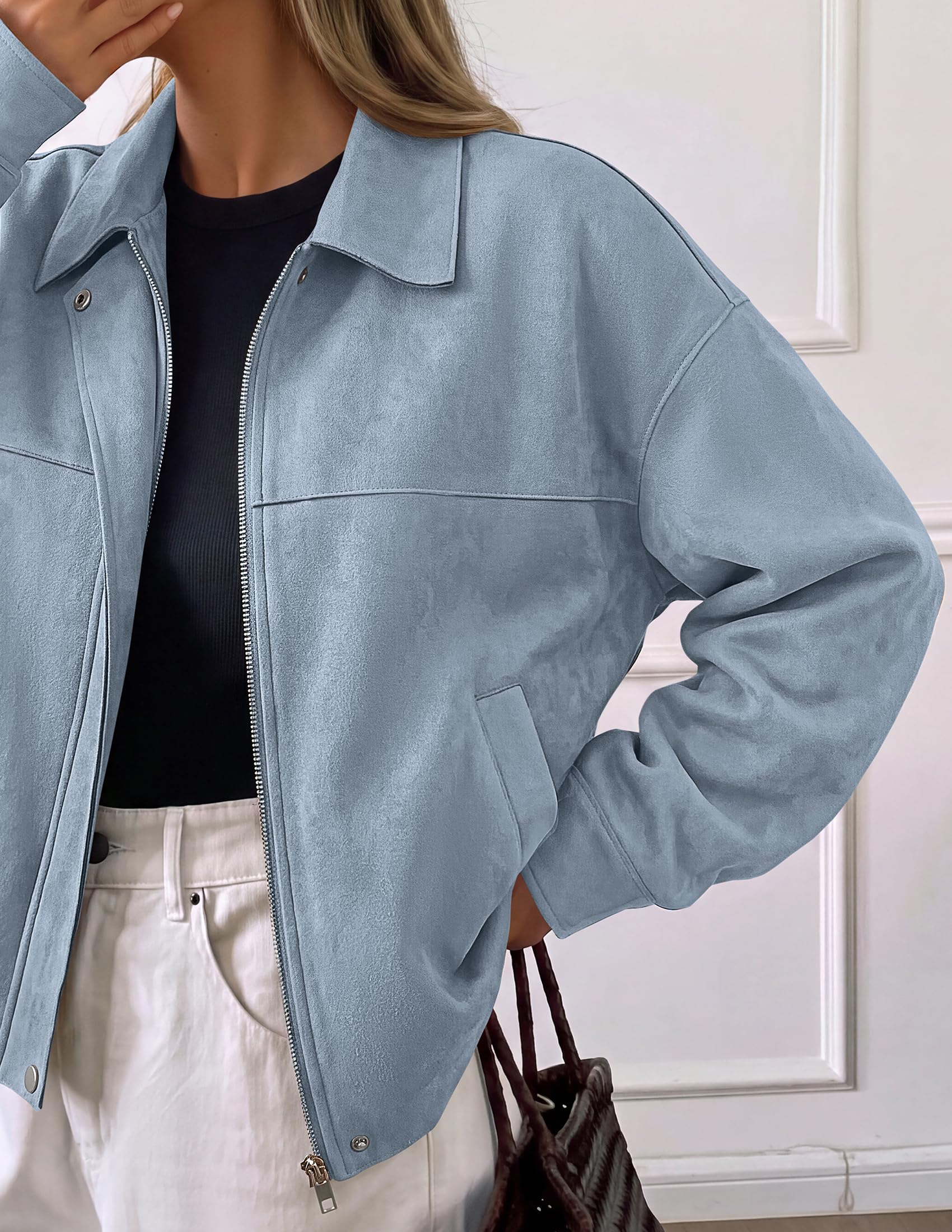 Women's Faux Suede Cropped Fall Jackets,Light Blue,S