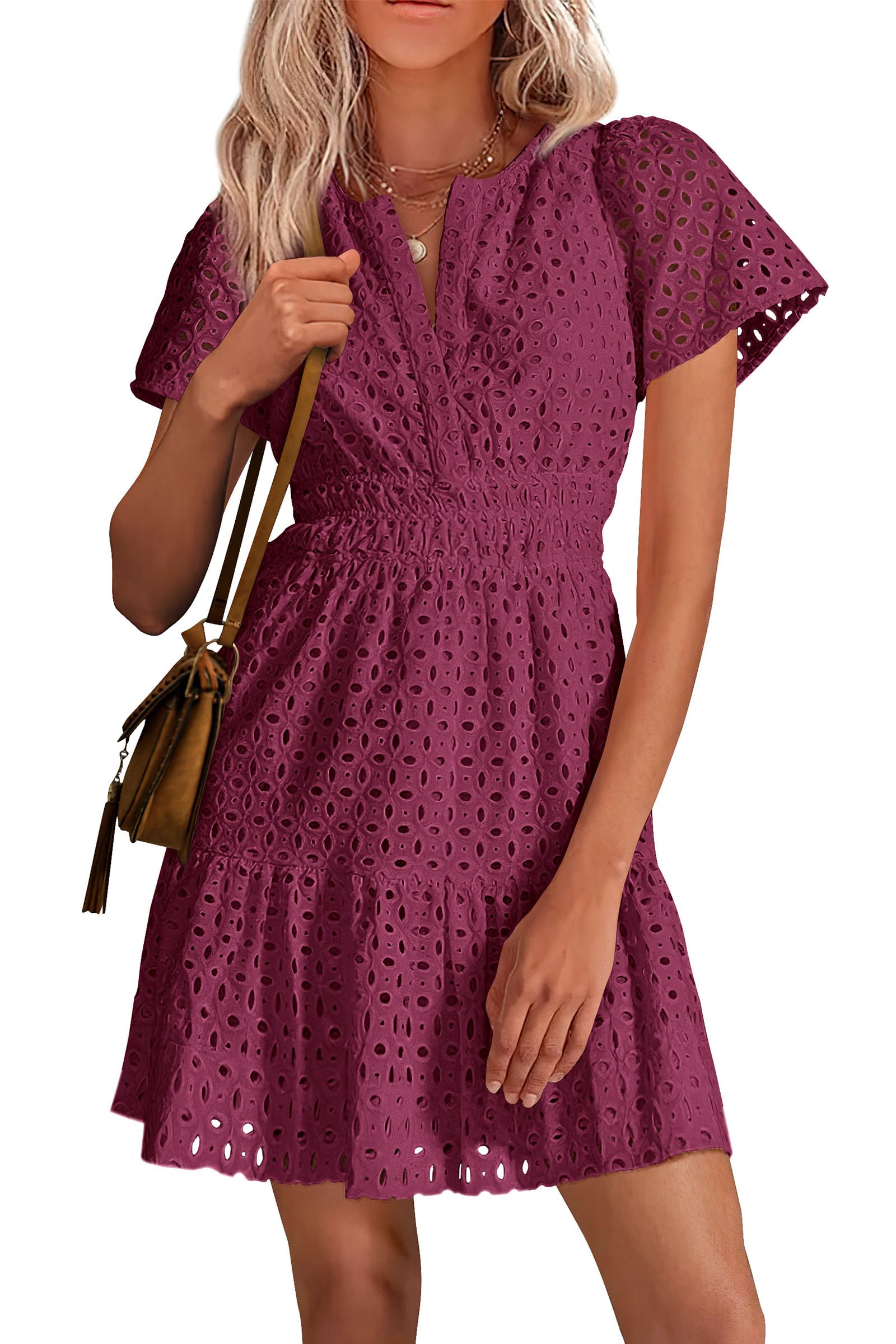 Women's Summer Eyelet Lace Short Dresses (Wine Red,S)