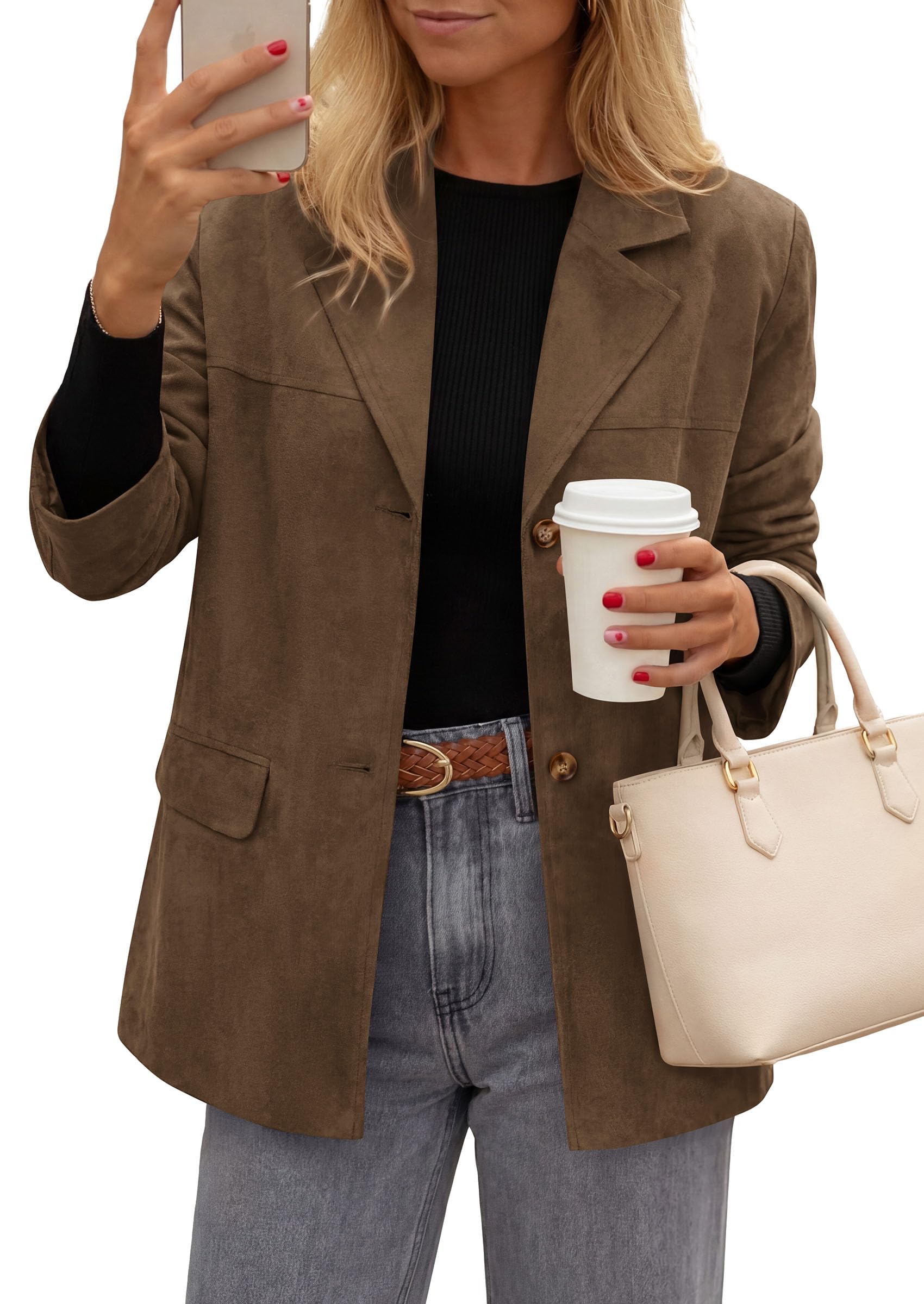 Blazers for Women Western Fall Faux Suede Jacket Brown