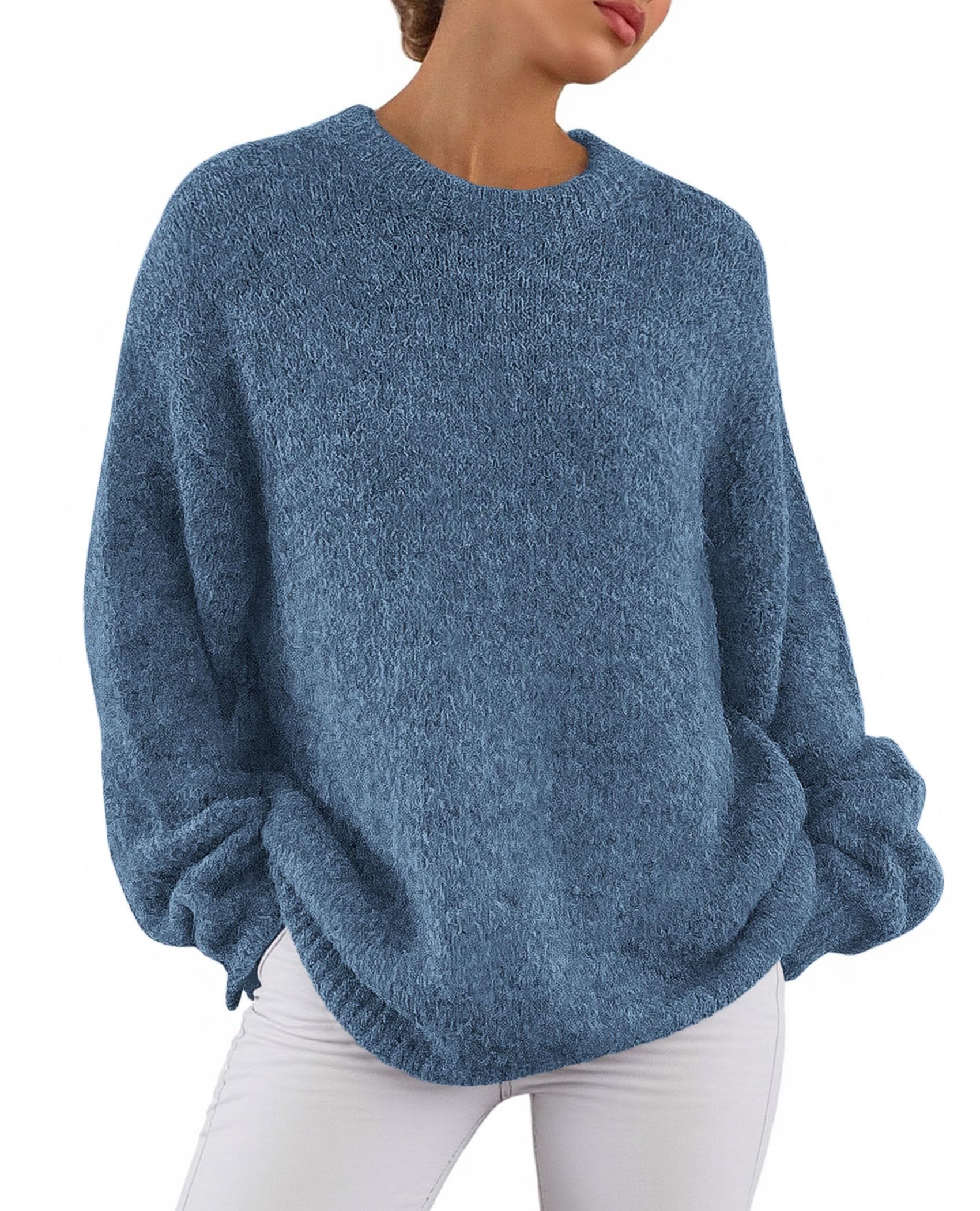 Womens Long Sleeve Oversized Pullover Sweater,Denim Blue,S