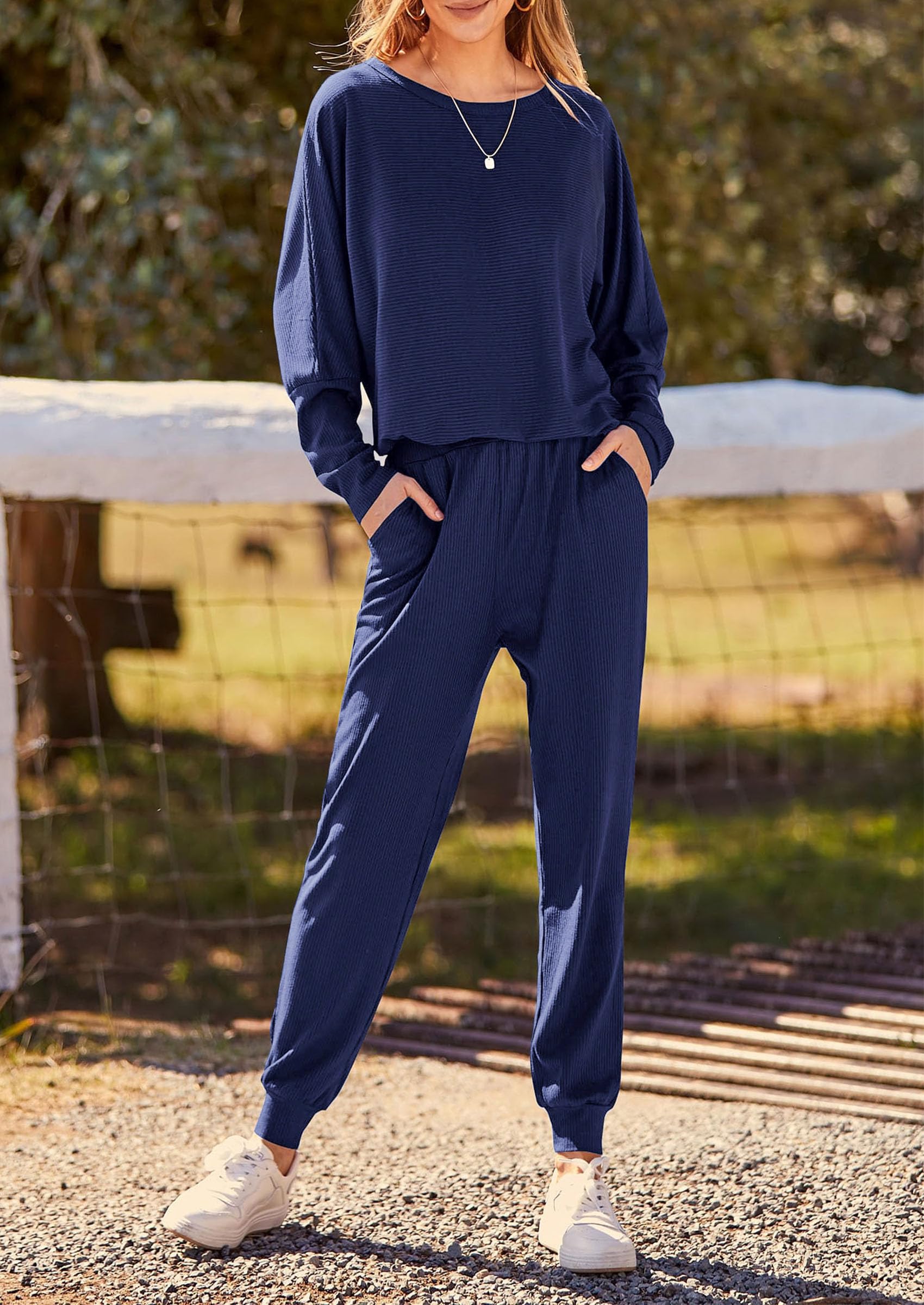 Women's 2 Piece Outfit Matching Lounge Set, Dark Blue,S