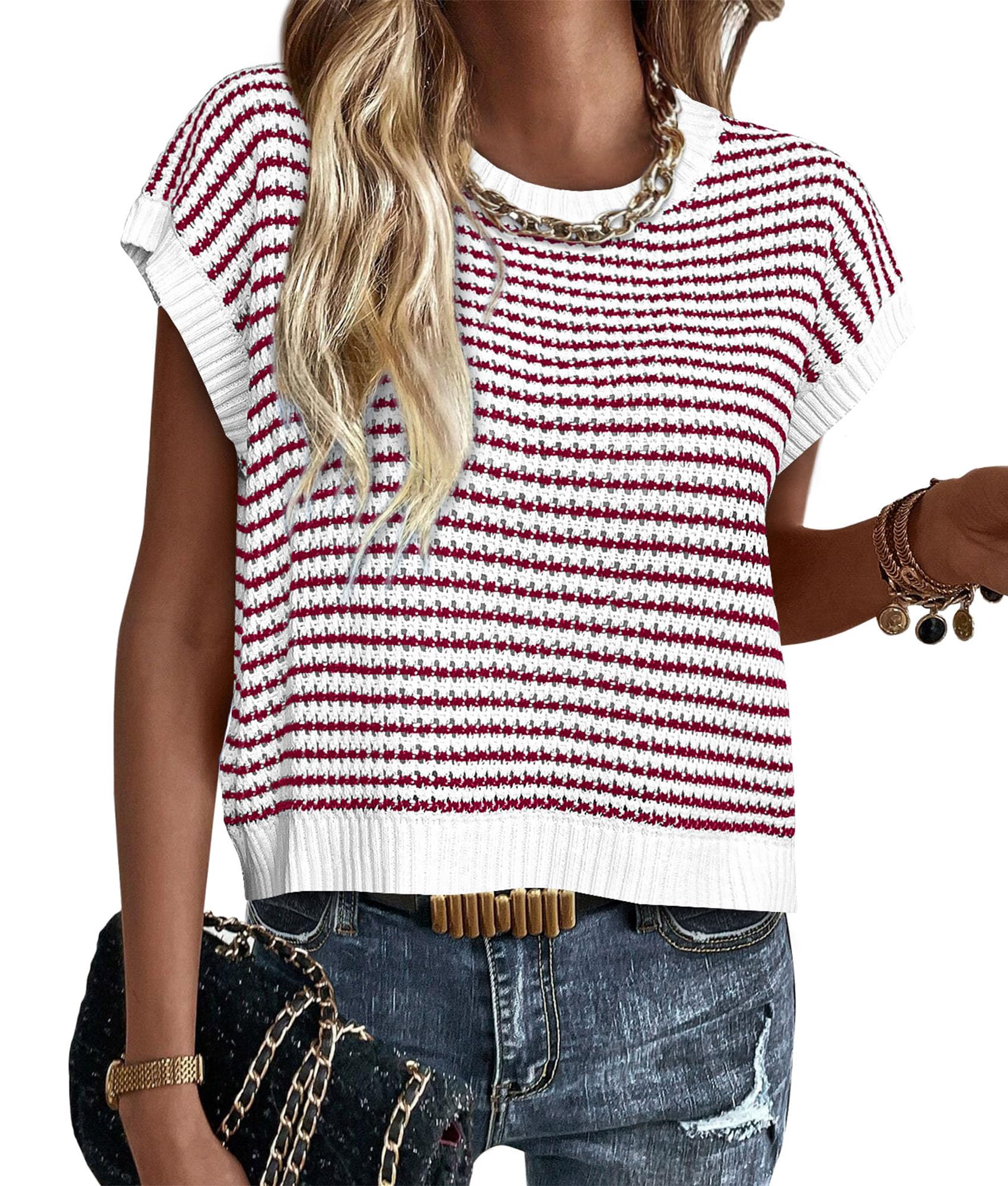 Women's Striped Short Sleeve Sweater Vest Red,S