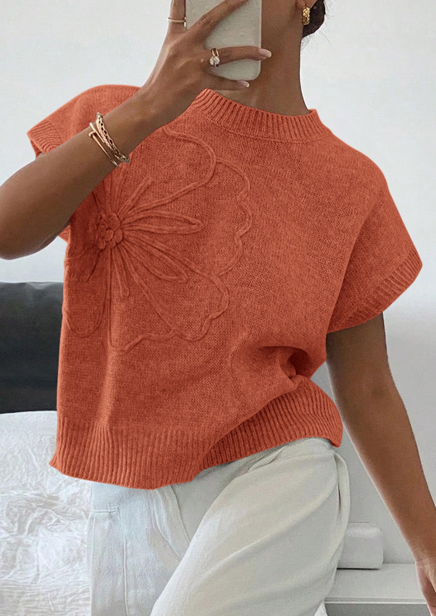 Women's Summer Short Cap Sleeve Sweater Vest (Burnt Orange,S)