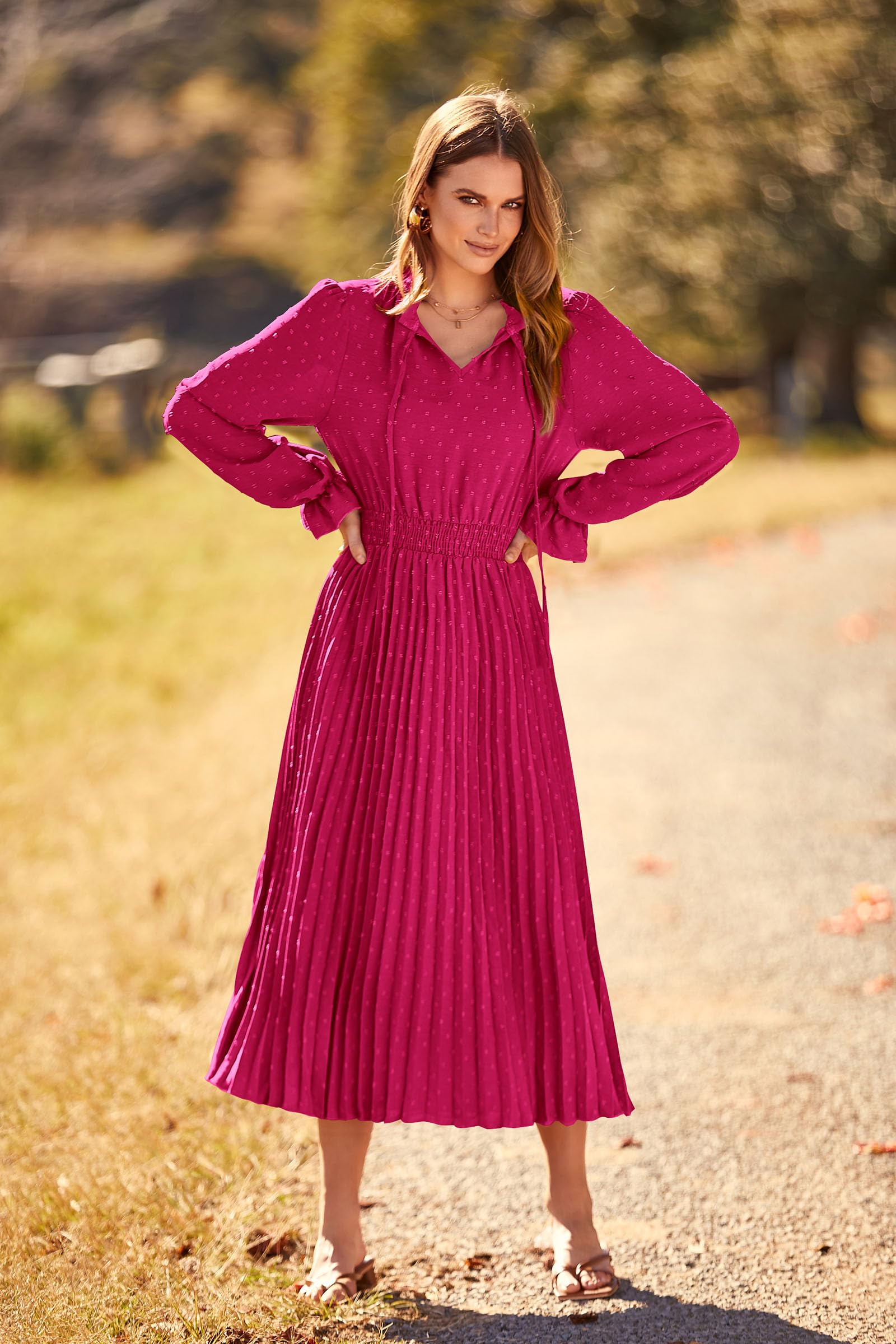Women's Fall Midi Wedding Guest Dress(Rose Red,Small)