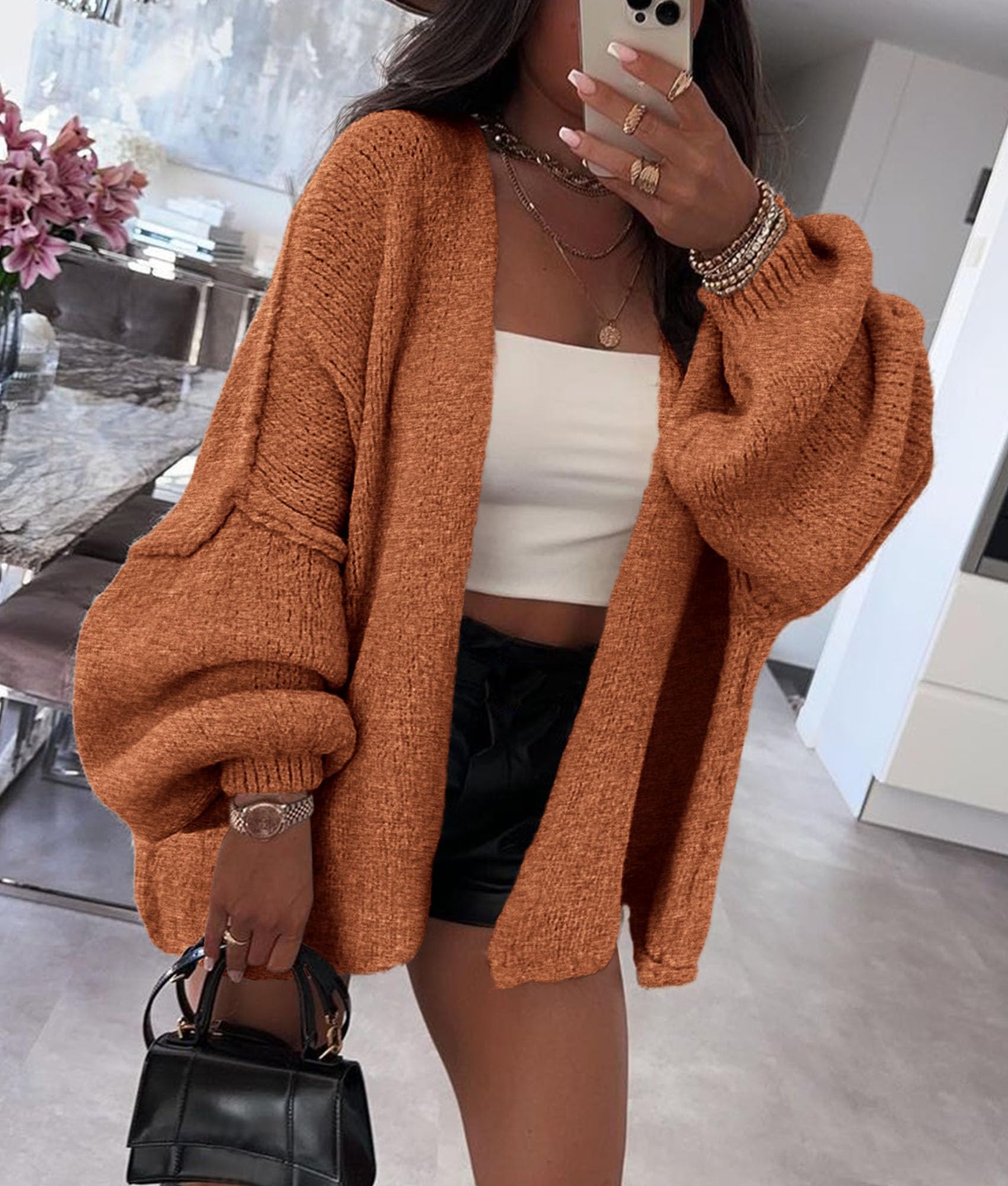 Womens Open Front Oversized Cardigan Sweaters,Brick Red,XS