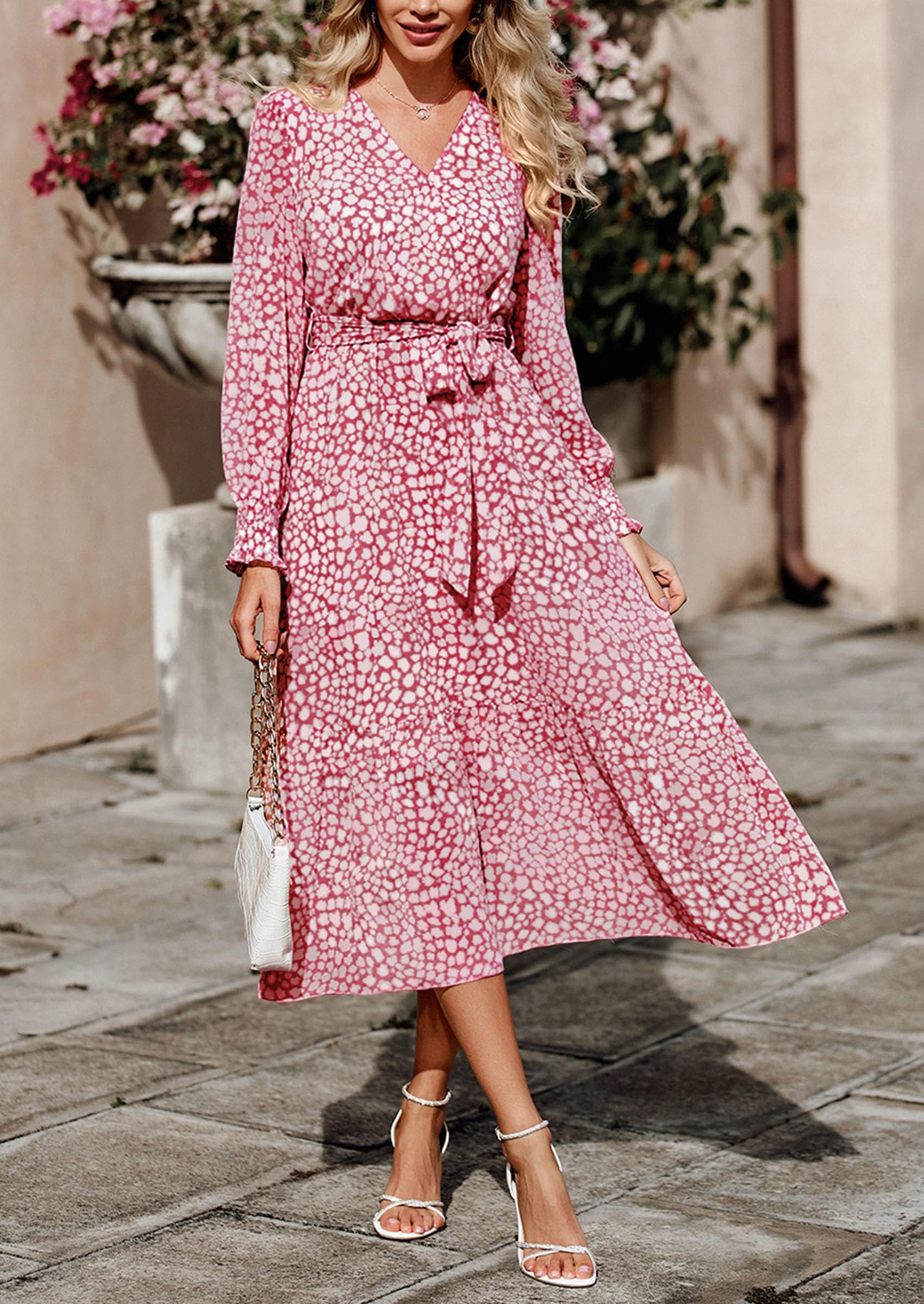Women's Floral Boho Long Sleeve Maxi Dress, Wine Red,S
