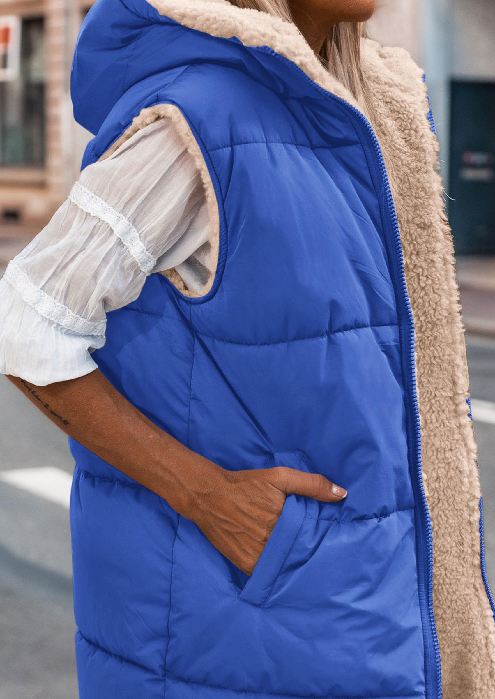 Women's Winter Reversible Fleece Long Vests(Royal Blue,S)