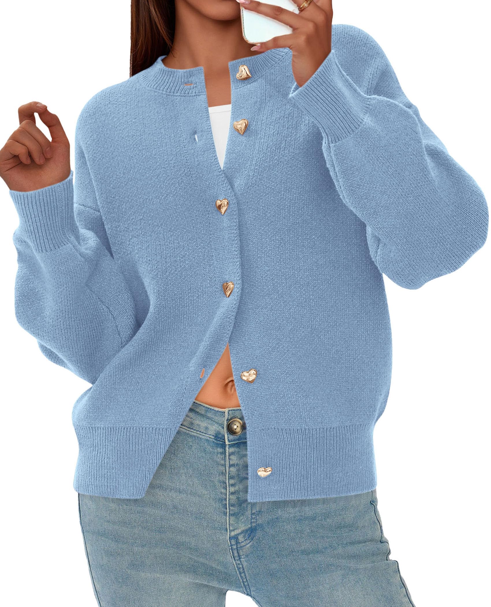 Women's Long Sleeve Button Up Cardigan,Light Blue,S
