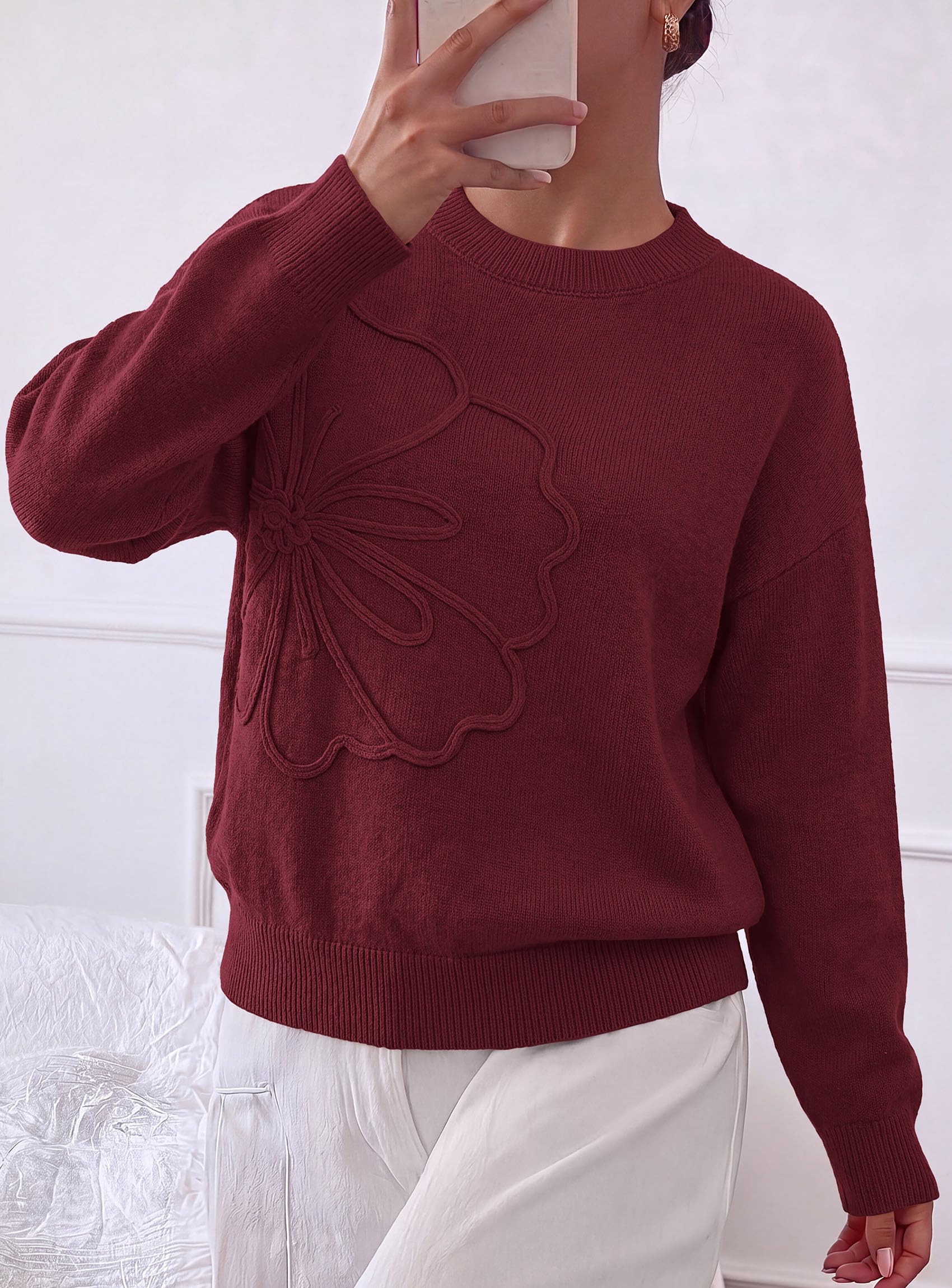 Womens Sweaters Floral Long Sleeve Knit Tops,Burgundy,S