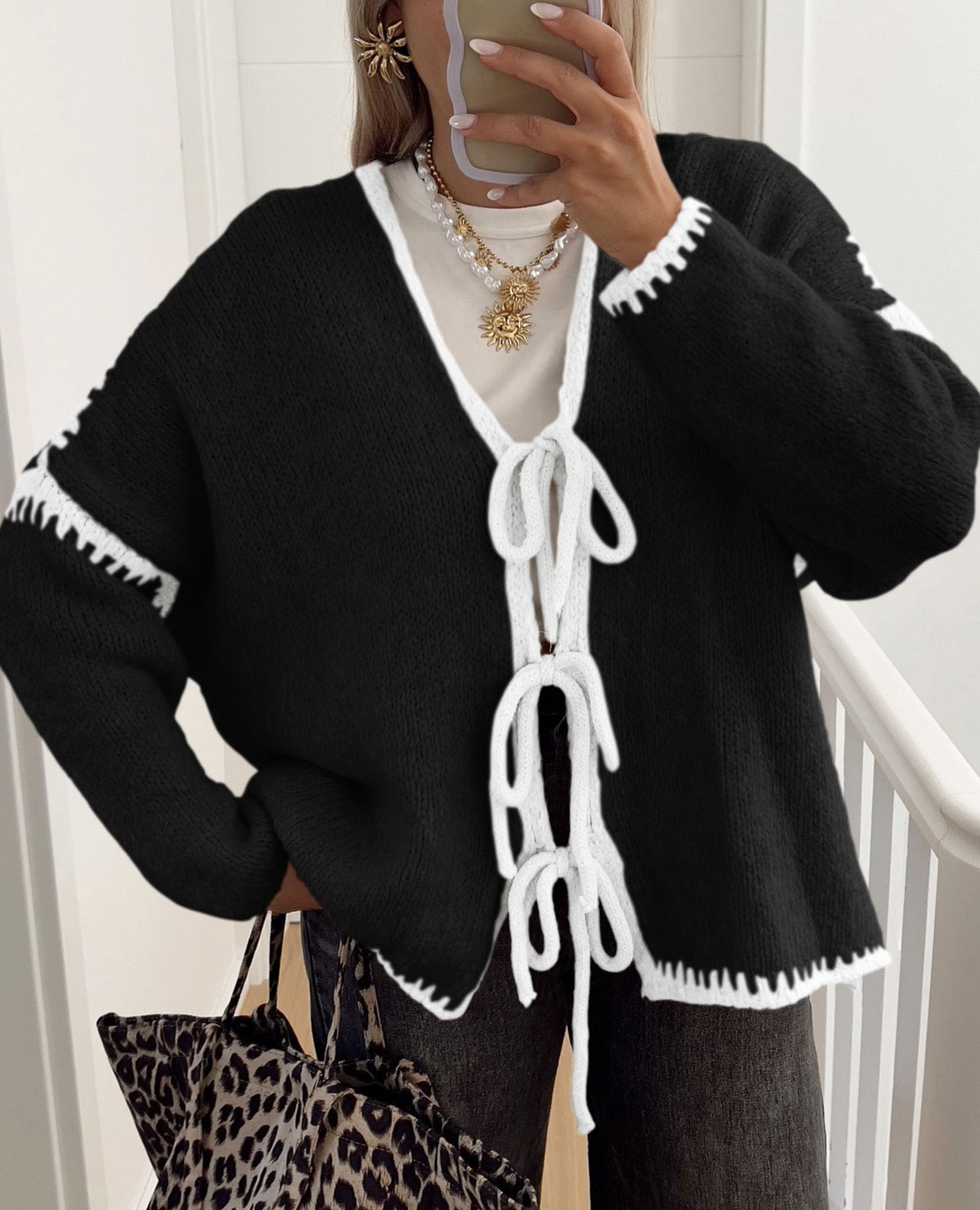 Women's Tie Front Bow Cardigan Sweaters(Black White,Small)