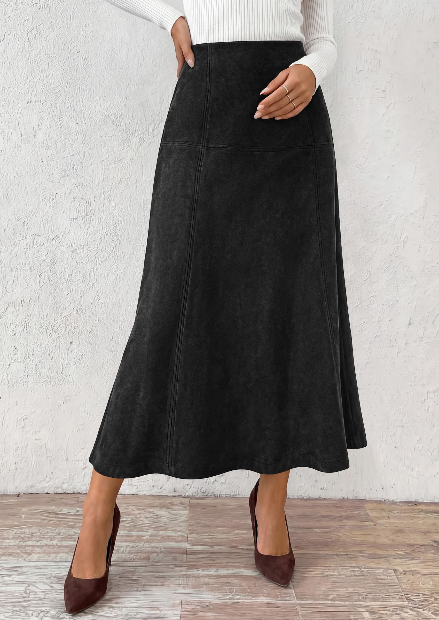 Womens High Waist Faux Suede A Line Midi Skirt,Black,S