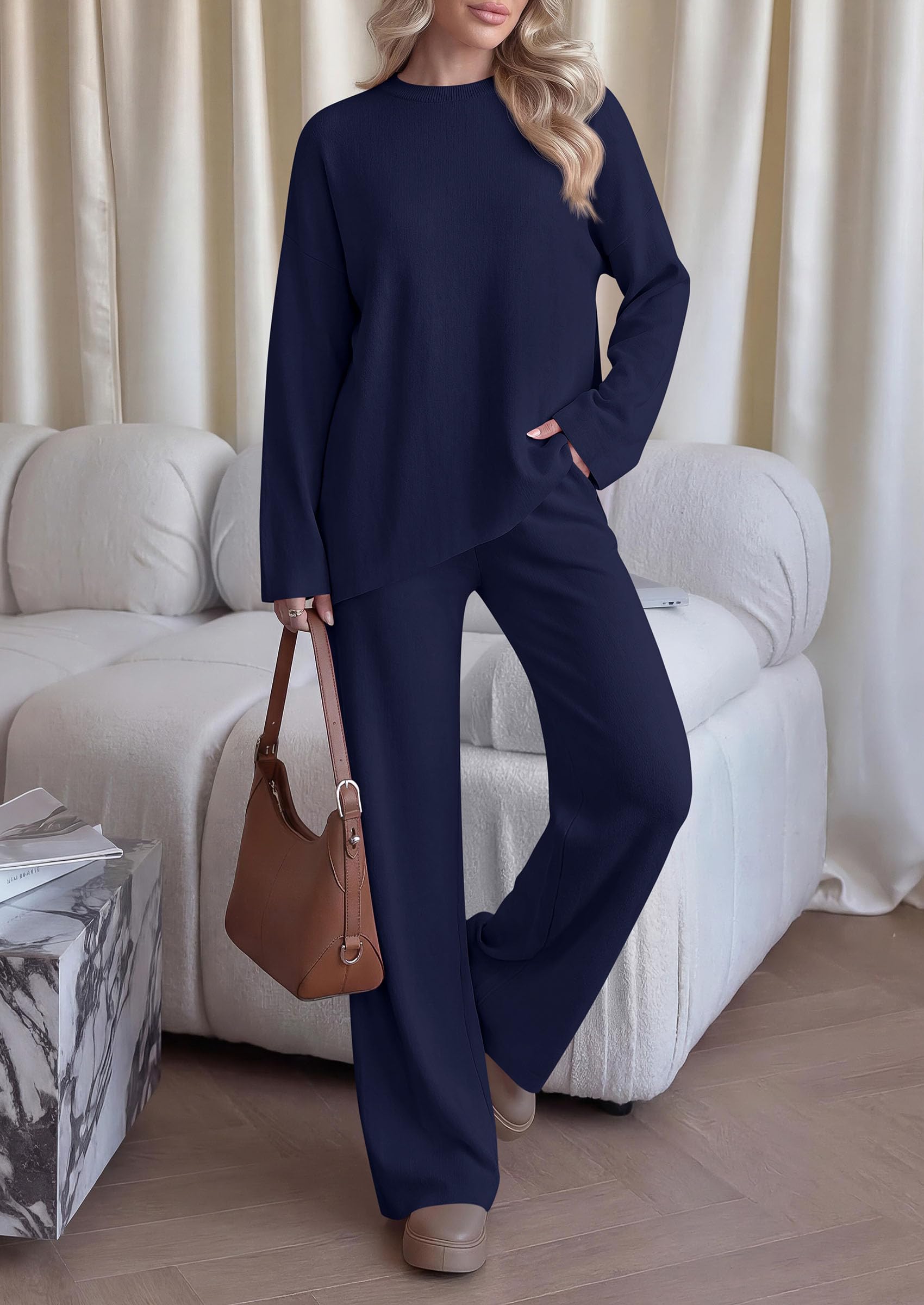Womens Fall 2 Piece Asymmetric Cozy Sweater Travel Lounge Sets