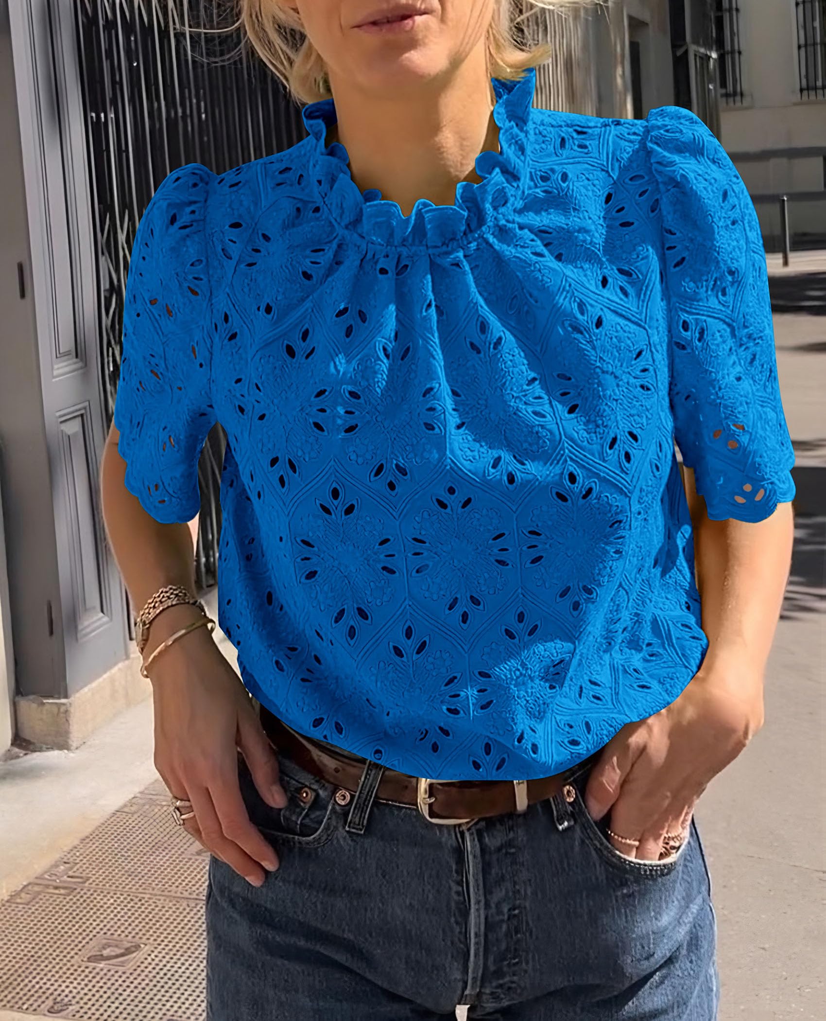 Women Summer Tops Eyelet Embroidered Shirts,Brilliant Blue,XS