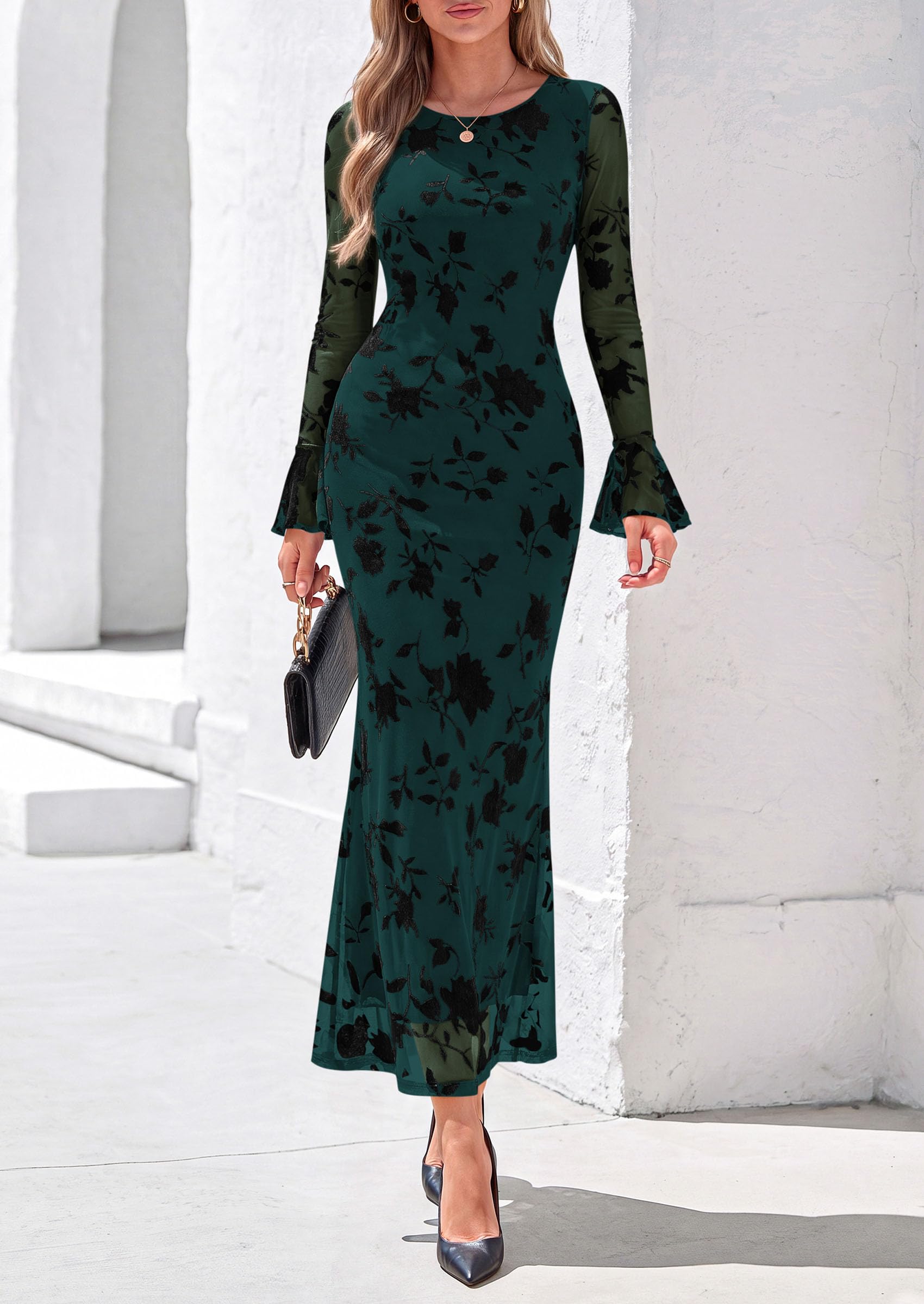 Women's Long Sleeve Maxi Floral Mesh Fall Wedding Guest Dress