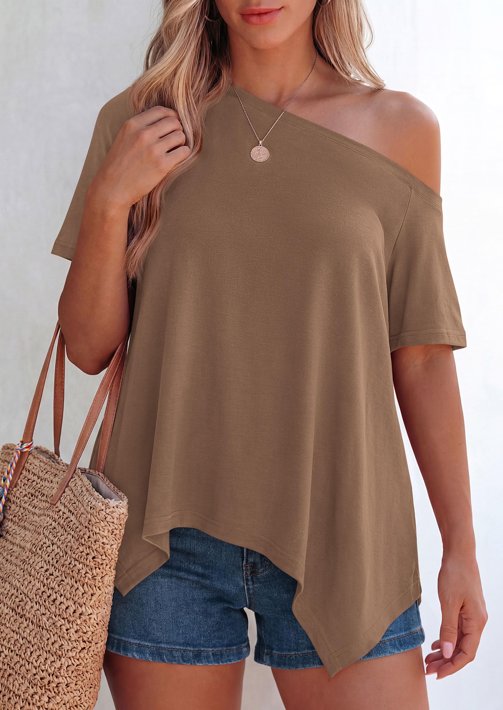 Off Shoulder Tops for Women Oversized Tshirts, Dark Khaki,S