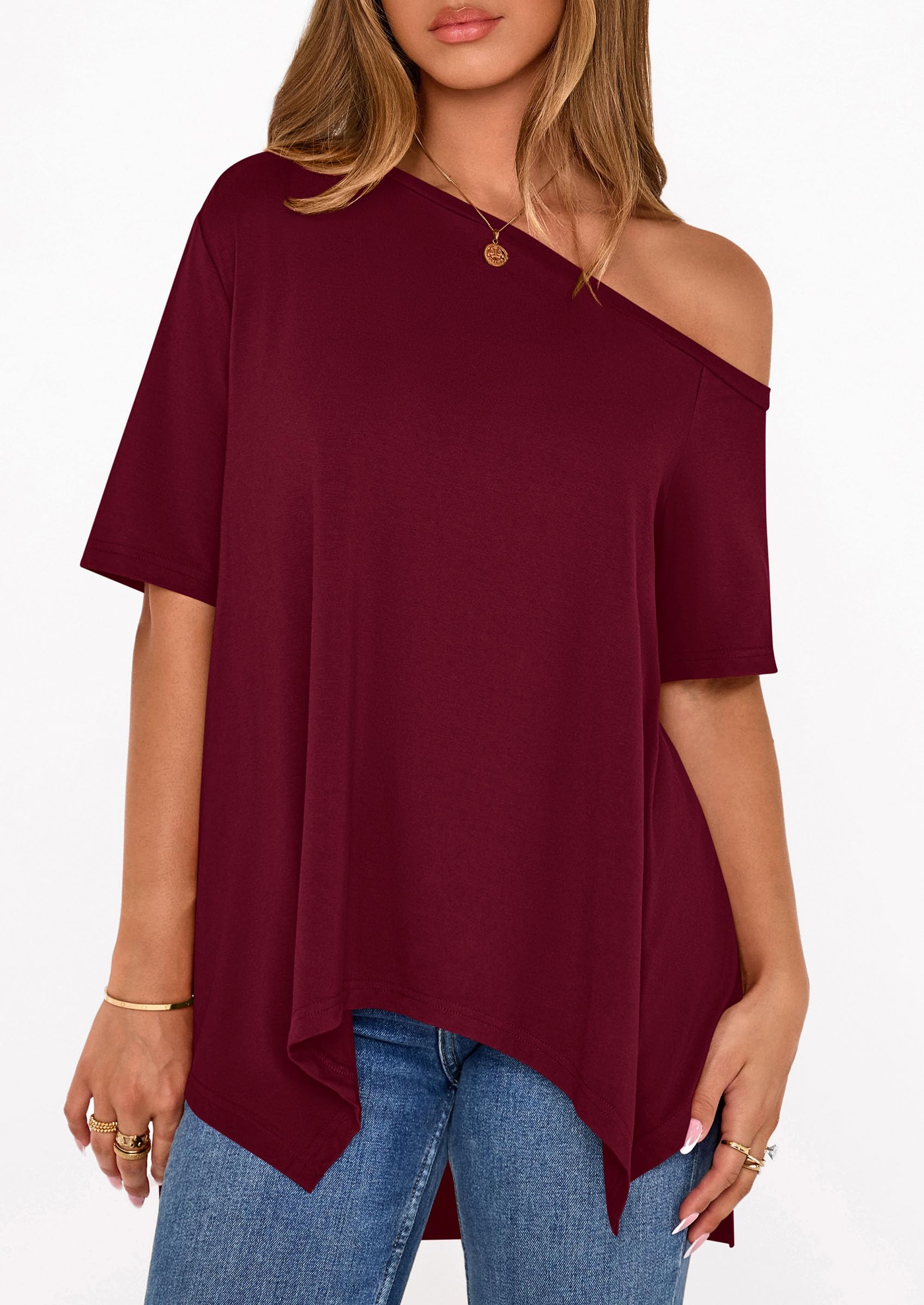 Off Shoulder Tops for Women Oversized Tshirts, Burgundy,S