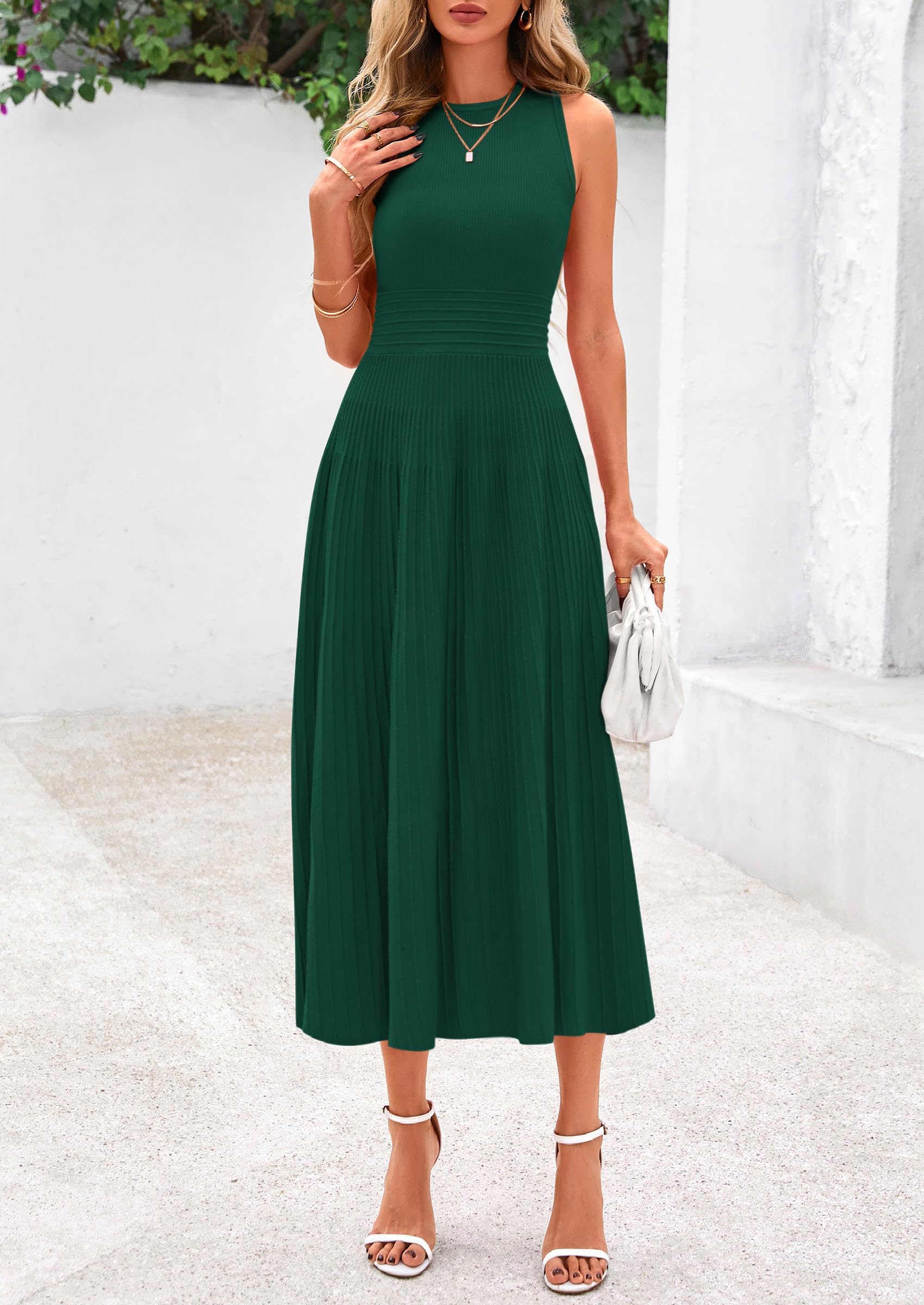 Women's Summer Pleated Midi Work Dress,Dark Green,S
