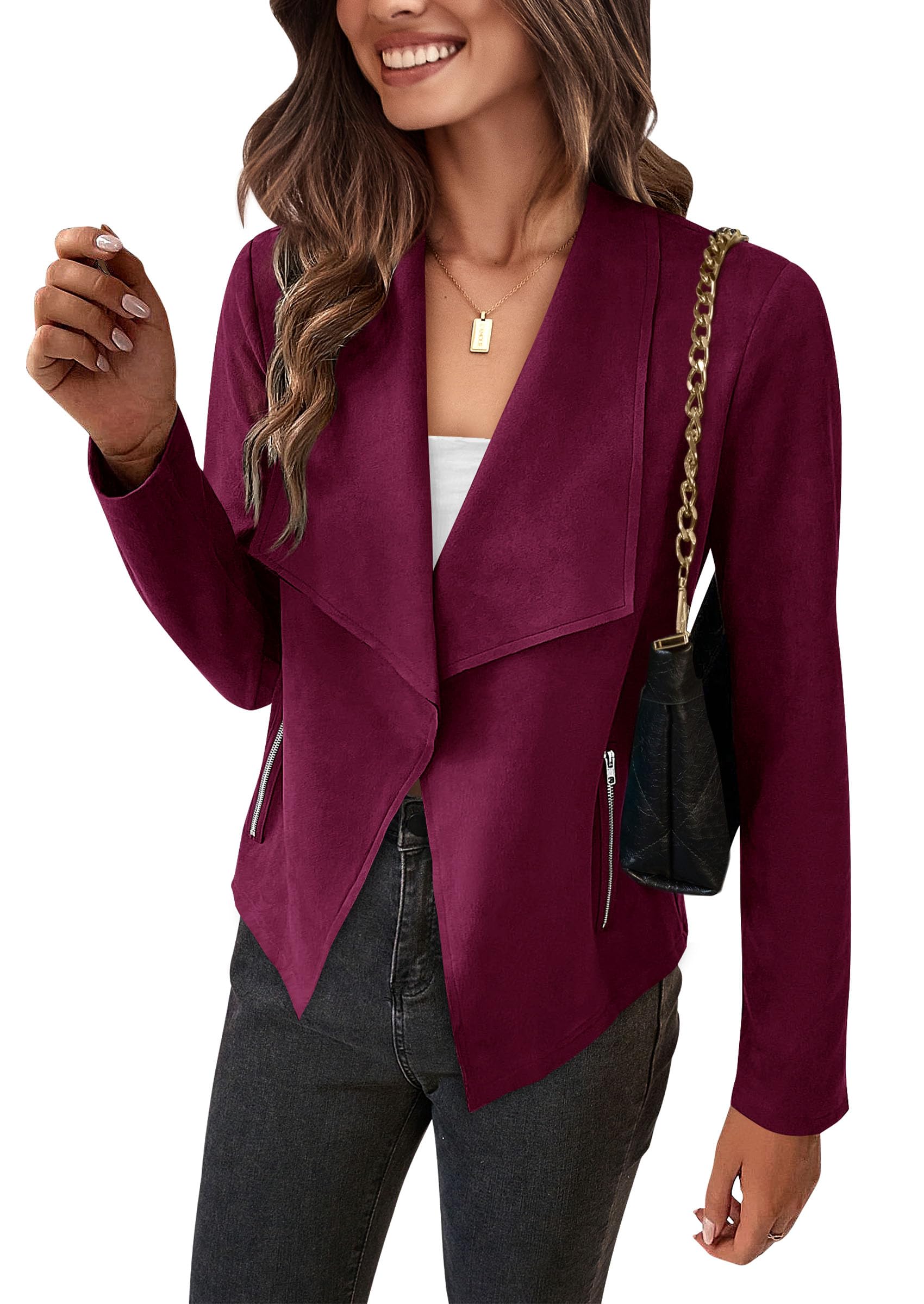 Women's Fall Fashion Faux Suede Jackets(Purple Red,Small)