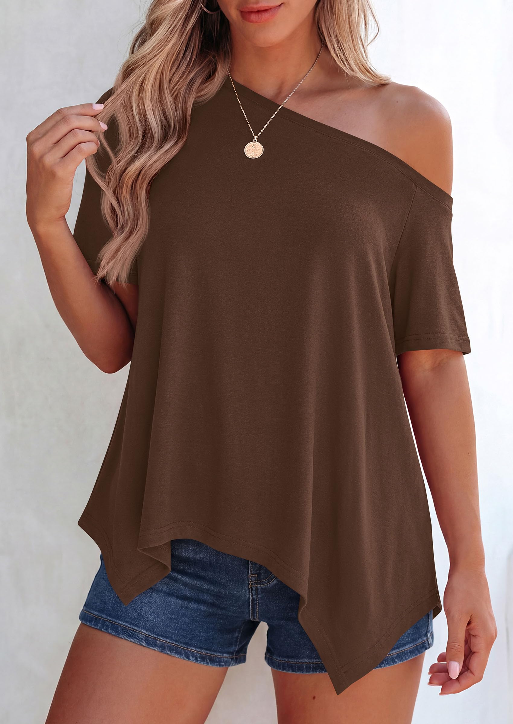 Off Shoulder Tops for Women Oversized Tshirts, Brown,S