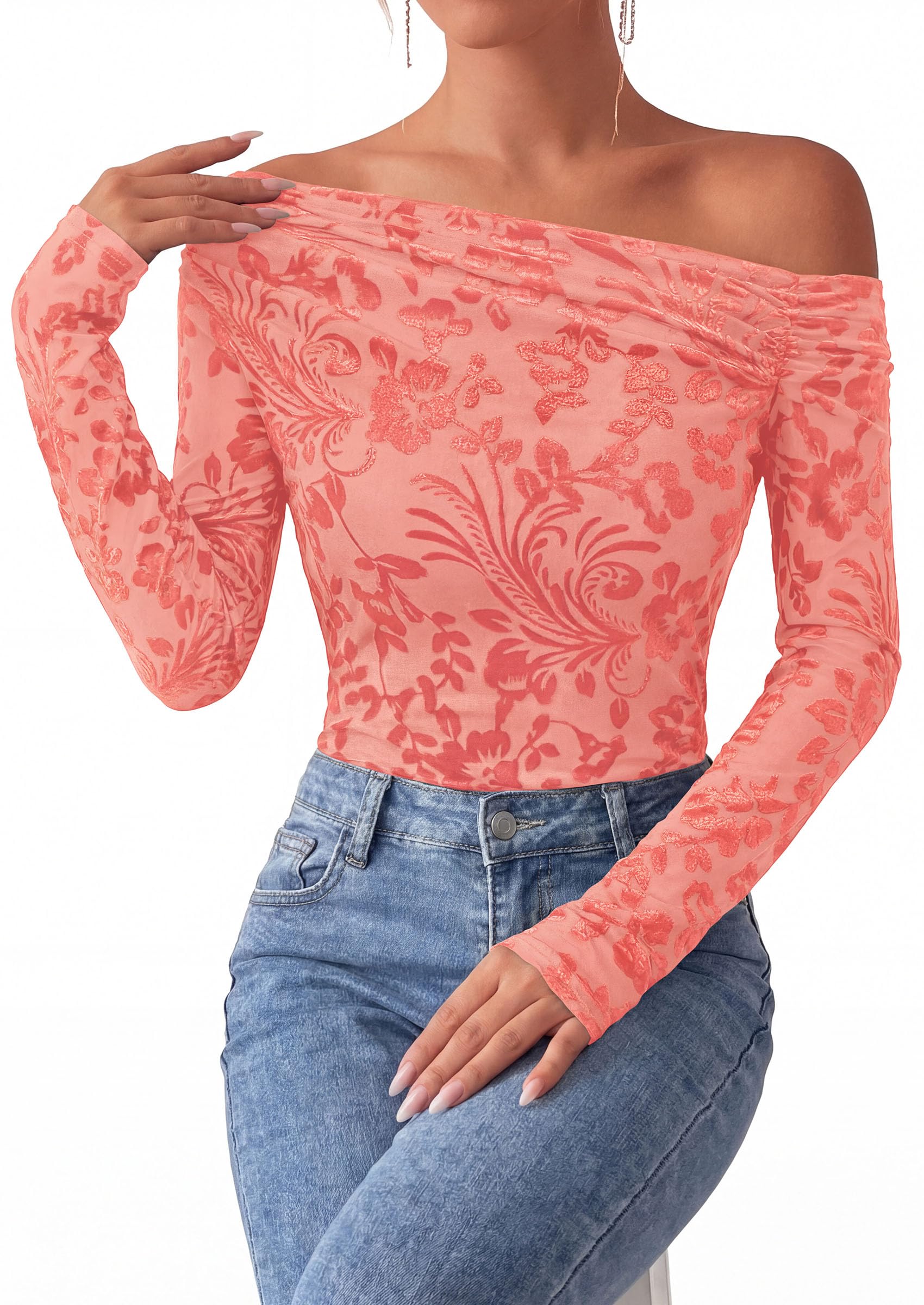 Off the Shoulder Tops for Women Fall Mesh Floral Blouses Pink