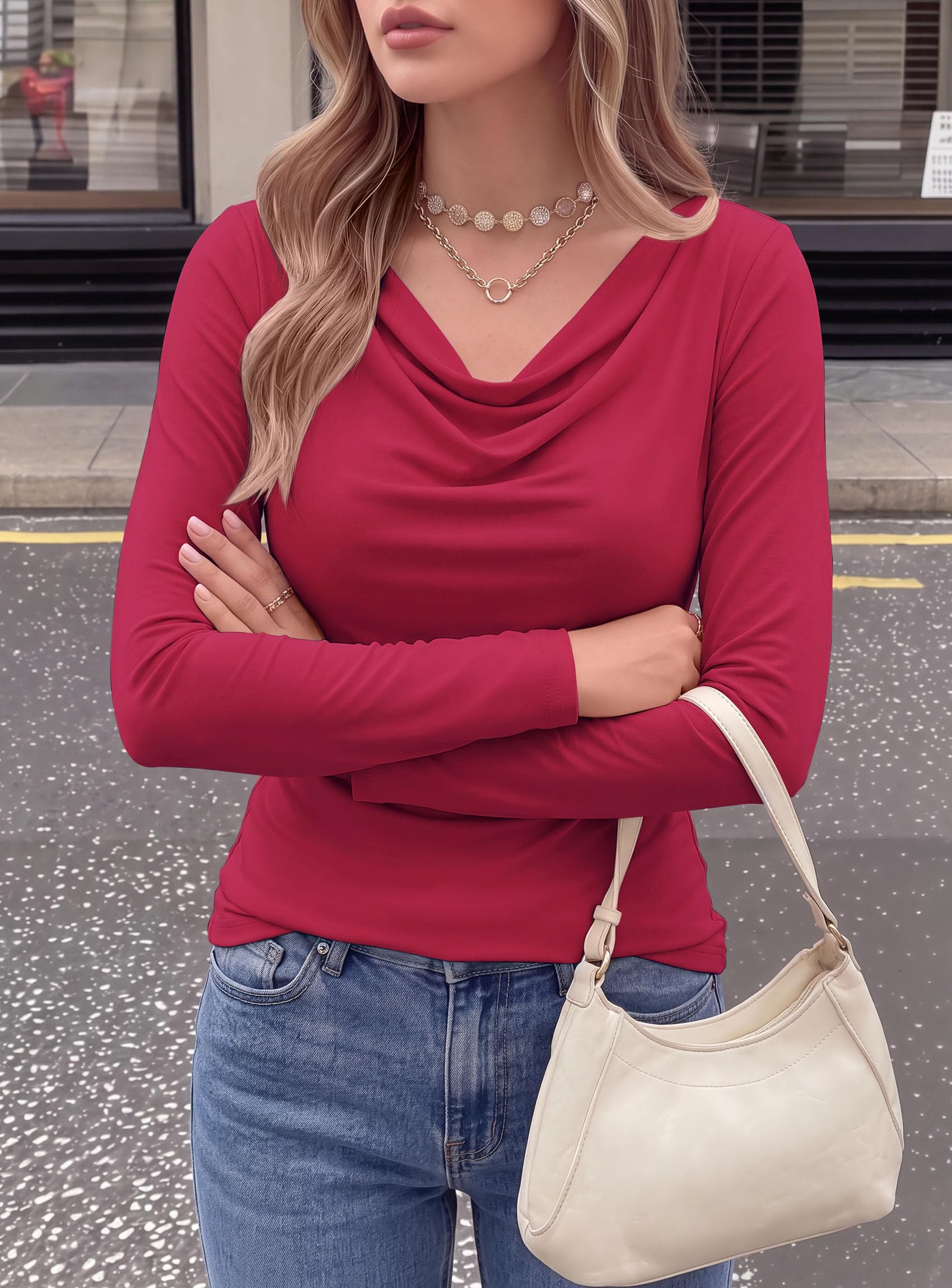 Cowl Neck Tops for Women Fashion Long Sleeve Shirt Burgundy