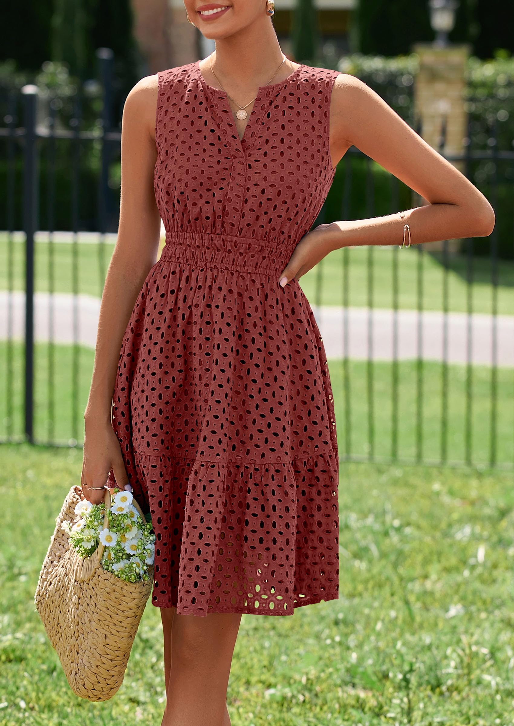 Women's Summer Eyelet A Line Short Dresses,Brown,S