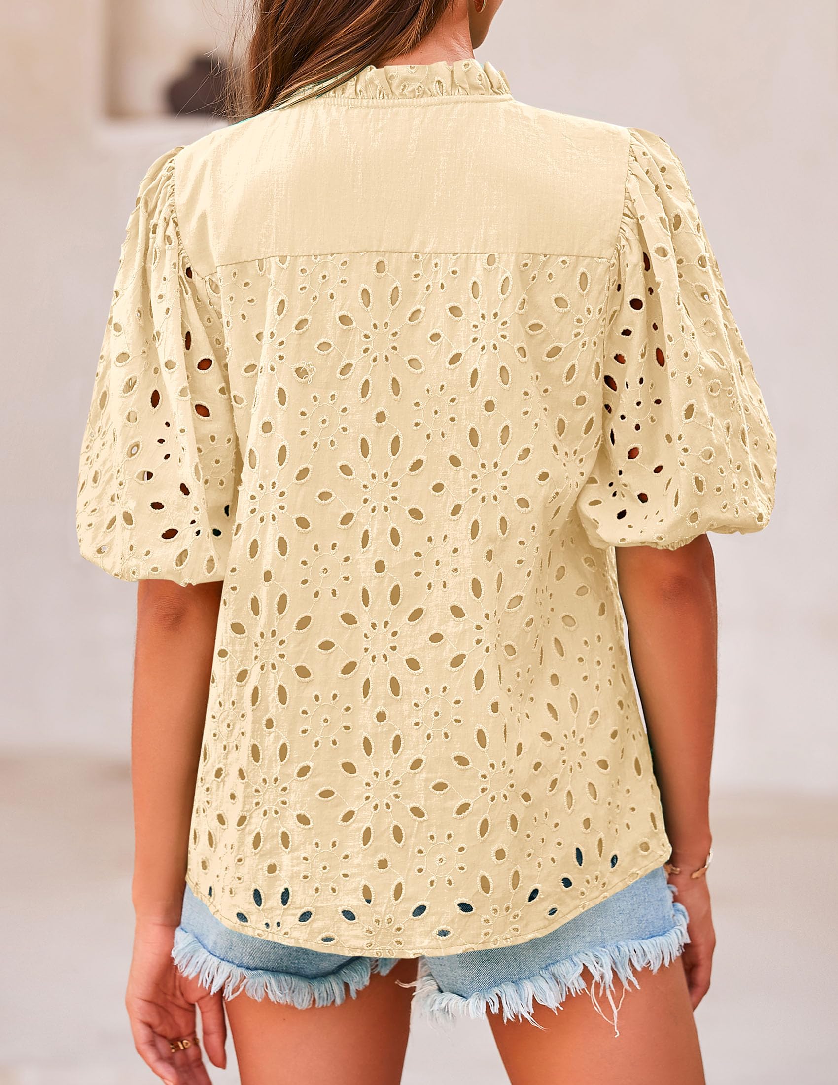 Womens Tops Boho Eyelet Puff Sleeve Blouse, Beige,S