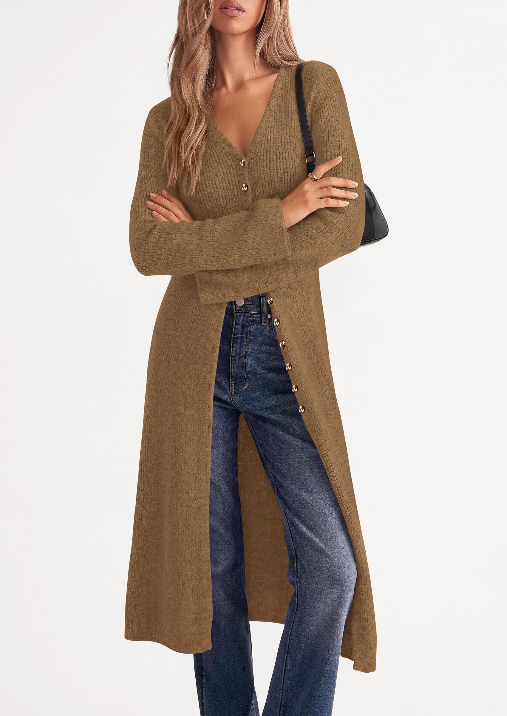 Women Long Cardigan Bell Sleeve Sweater Dress (Dark Khaki,S)