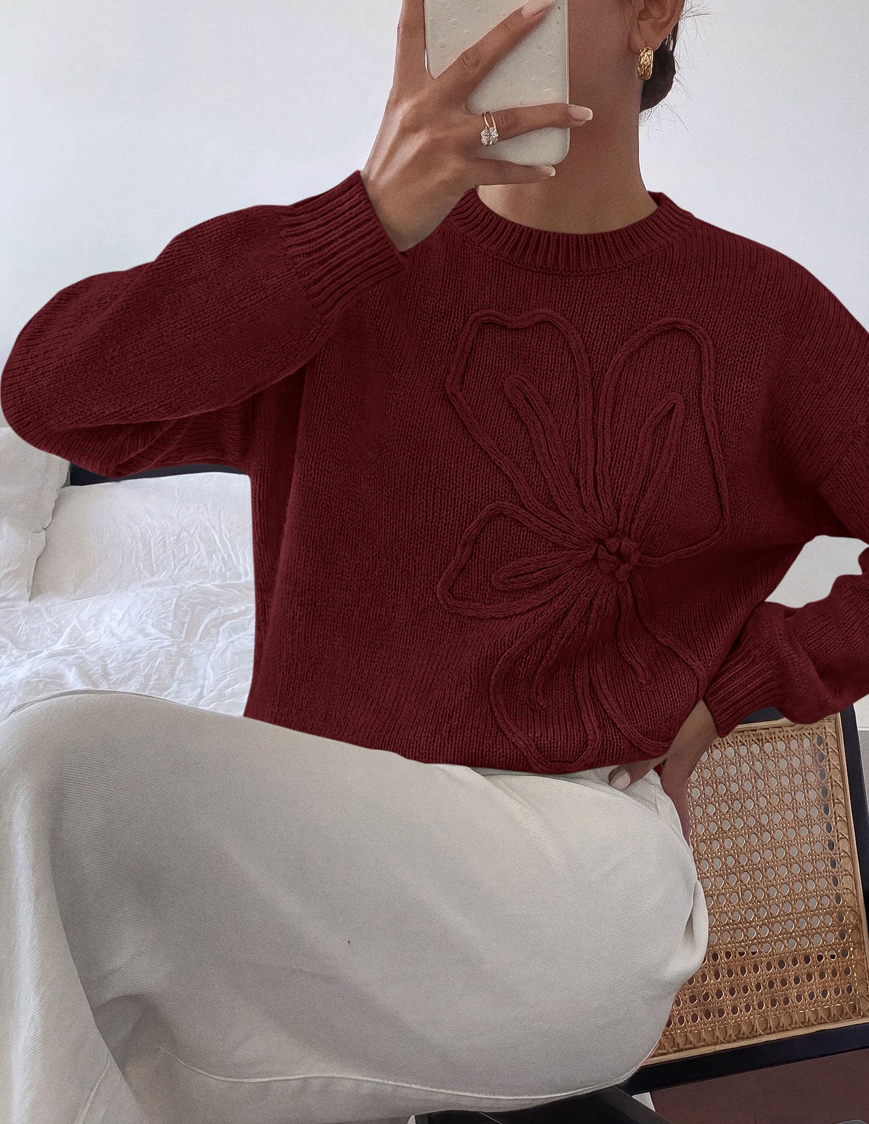 Women's Oversized 3D Floral Knit Sweater,Dark Brown,S
