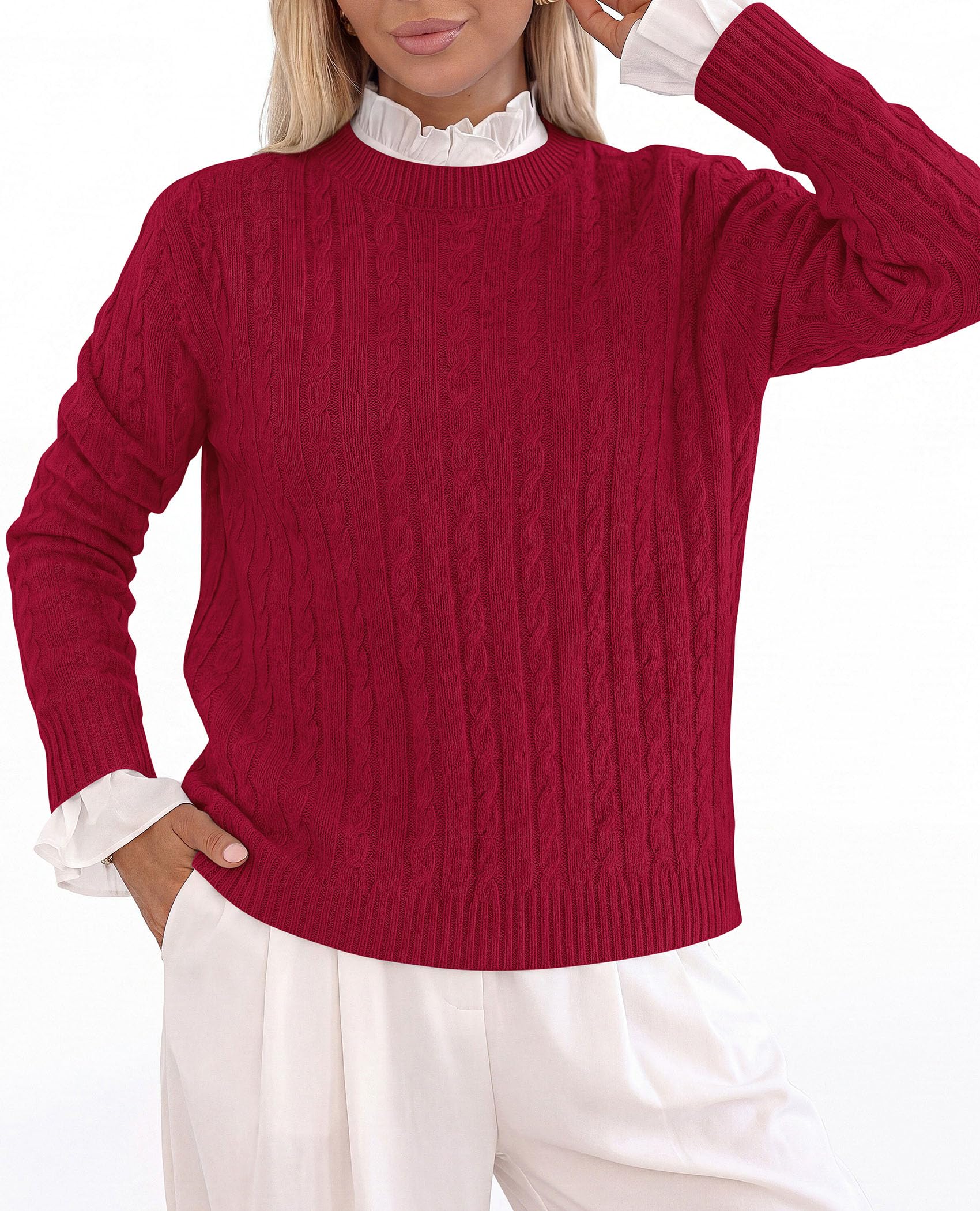 Womens Cable Knit Crewneck Fall Sweater Long Sleeve Tops 2026