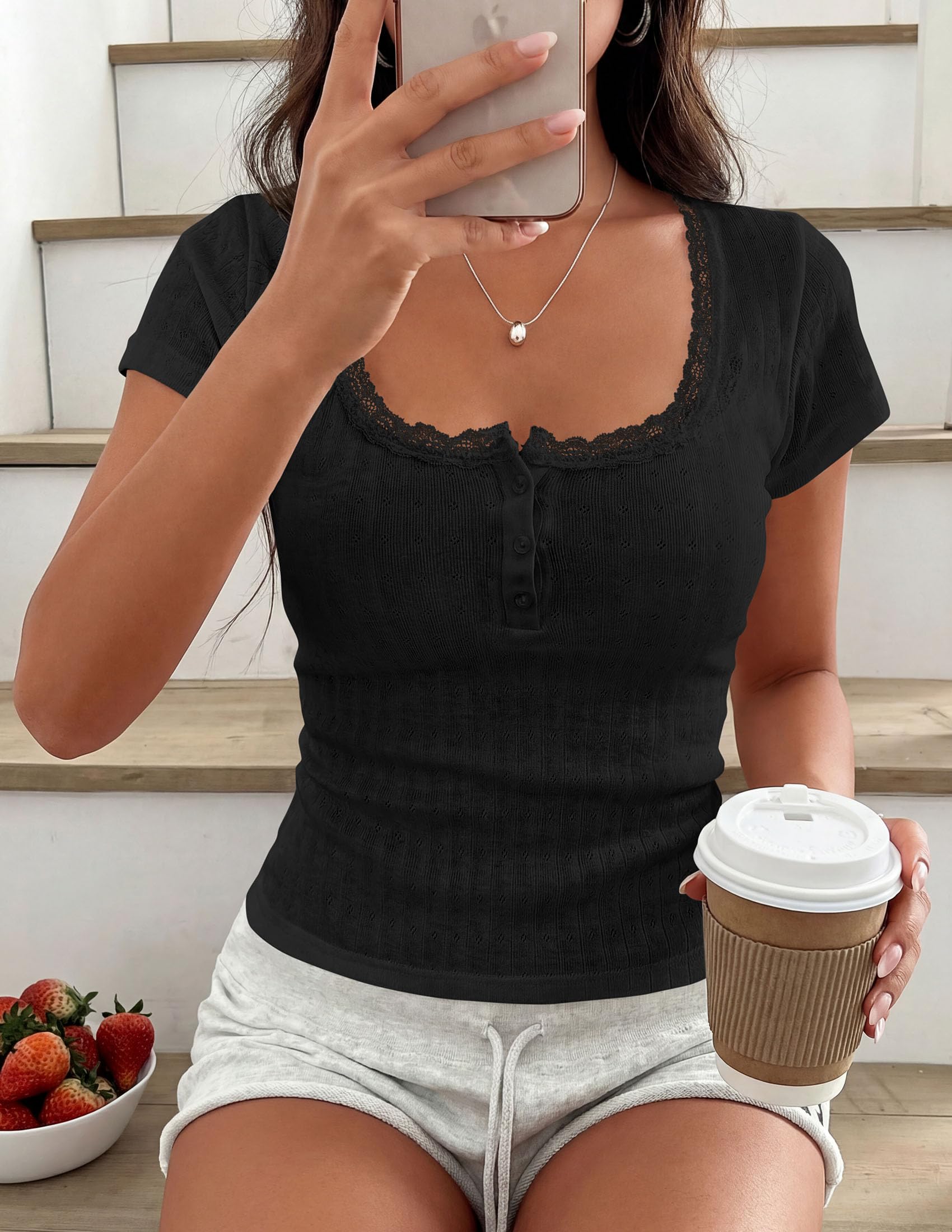 Womens Summer Lace Trim Short Sleeve Henley Top,Black,S