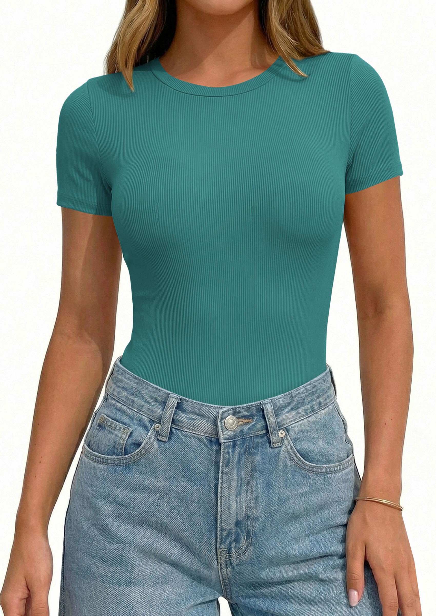 Body Suits for Womens Short Sleeve Summer Tops, Teal,XS
