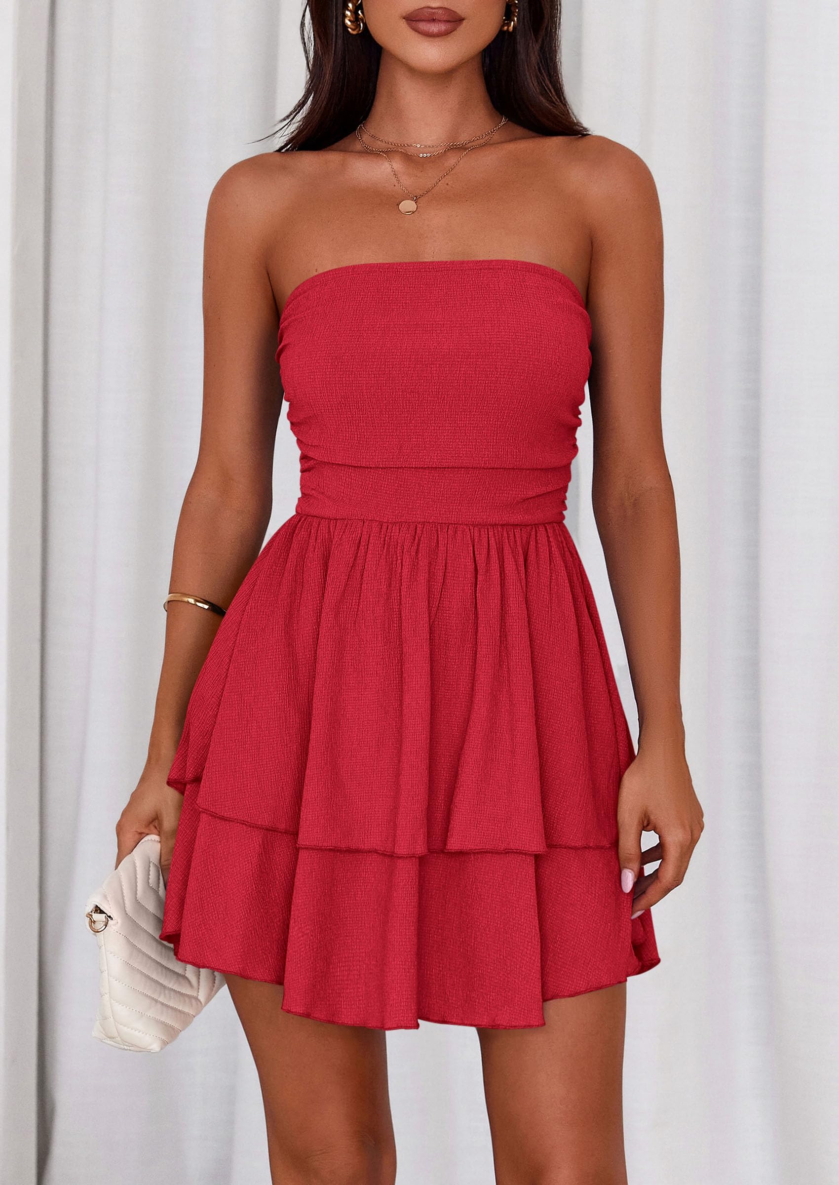 Women's Summer Strapless Flowy Mini Dresses (Red,S)