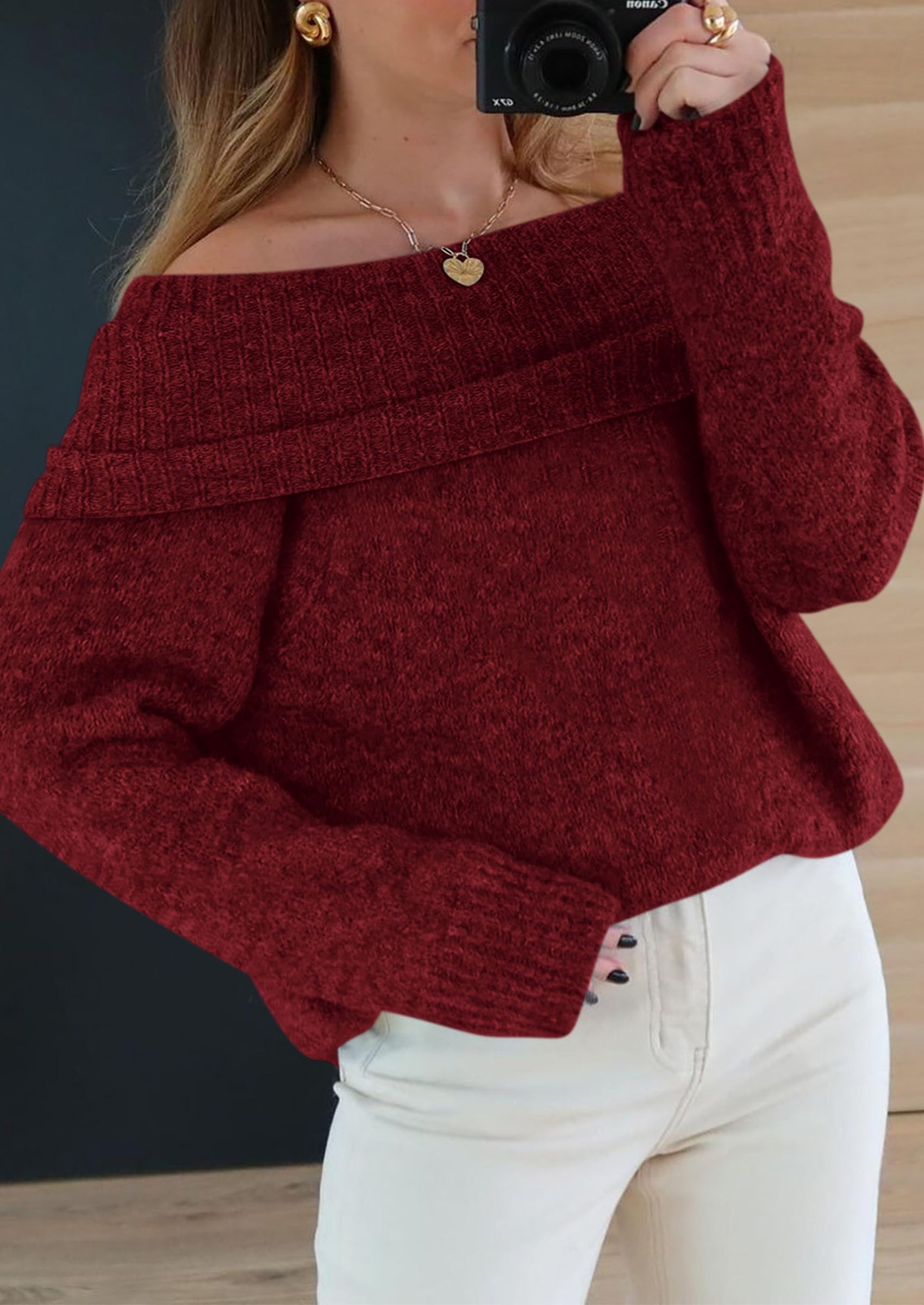 Women's Fall Off The Shoulder Sweater,Wine Red,S