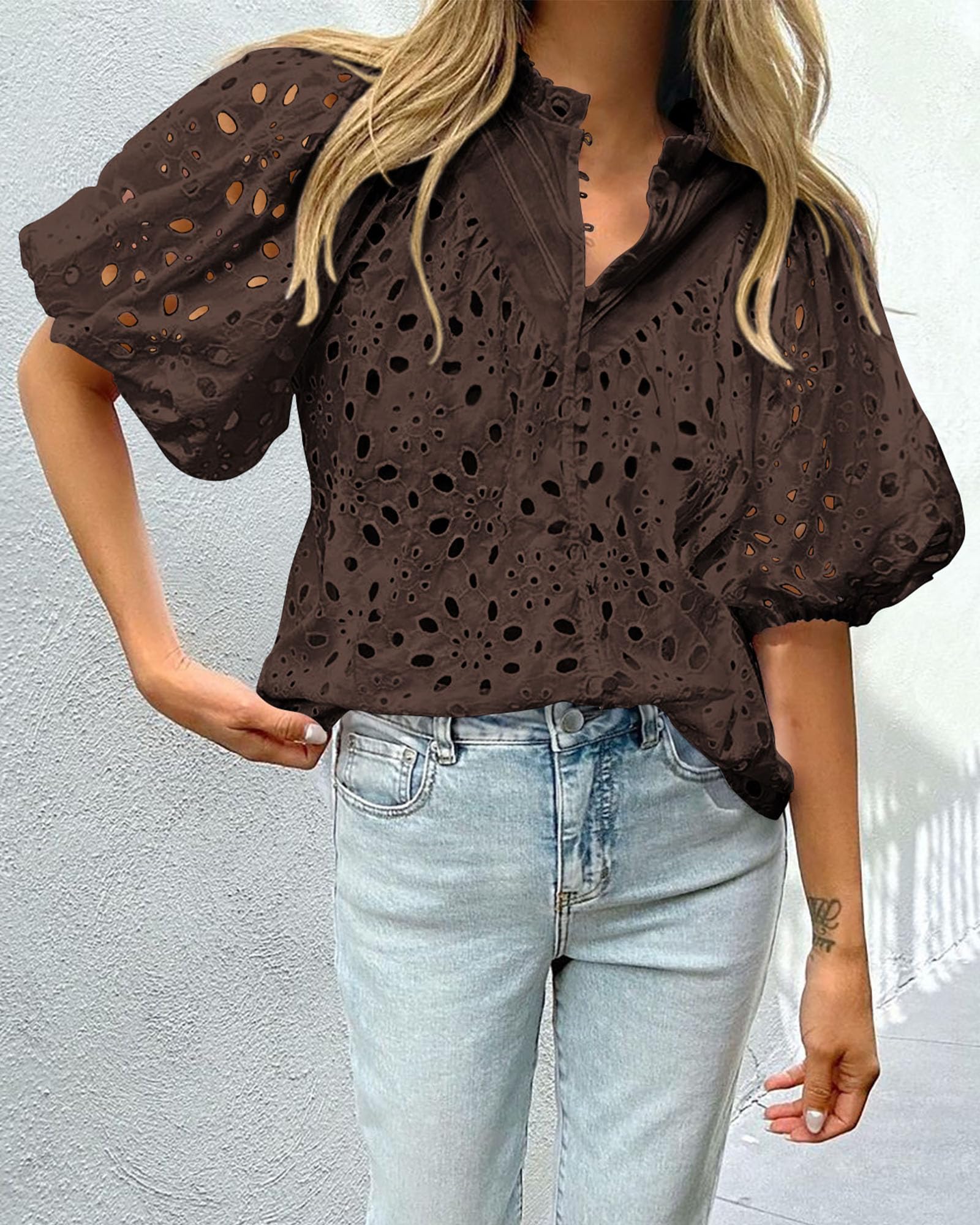 Womens Tops Boho Eyelet Puff Sleeve Blouse, Coffee,M