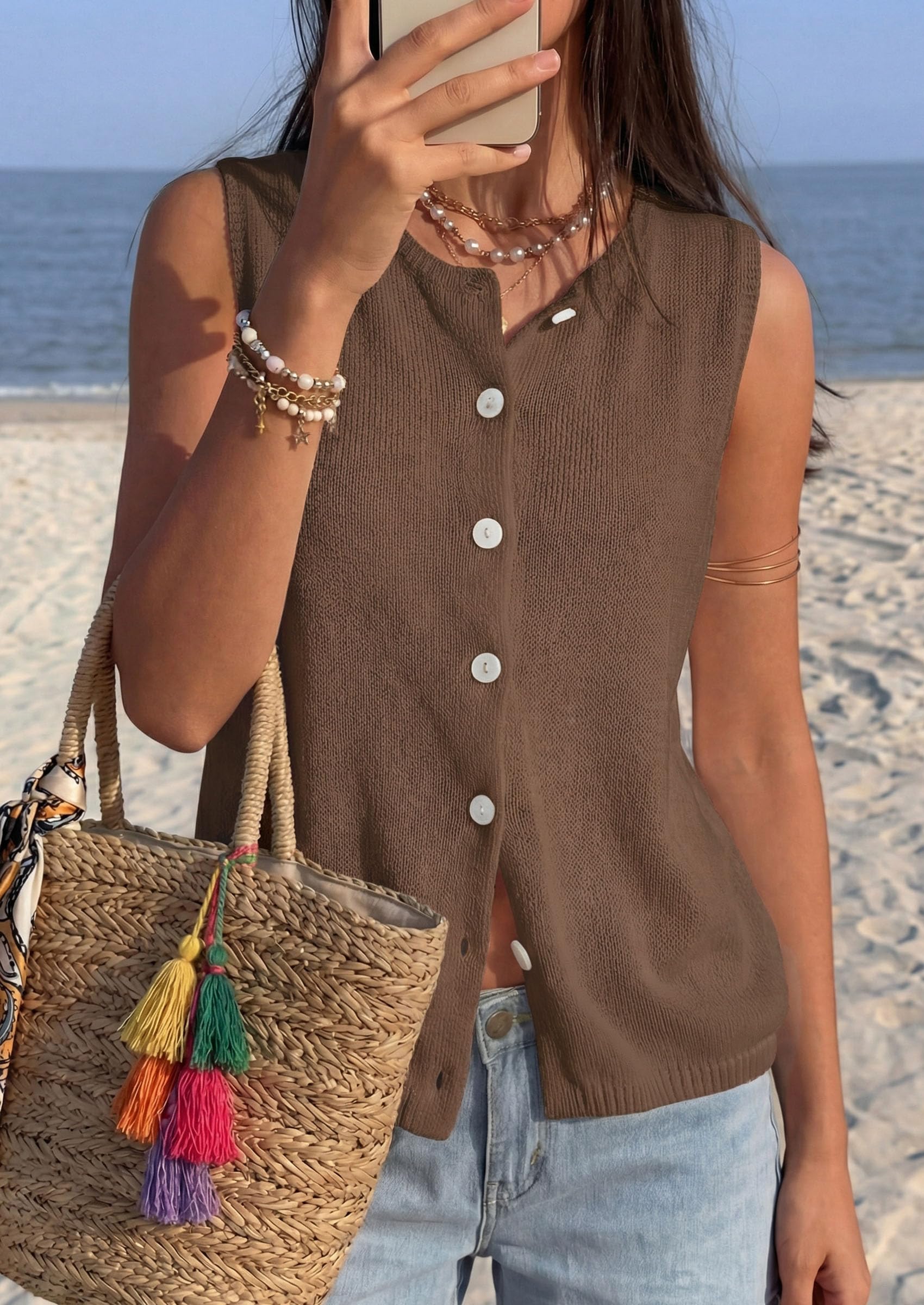 Women's Summer Button Up Sweater Vest Tops,Brown,S