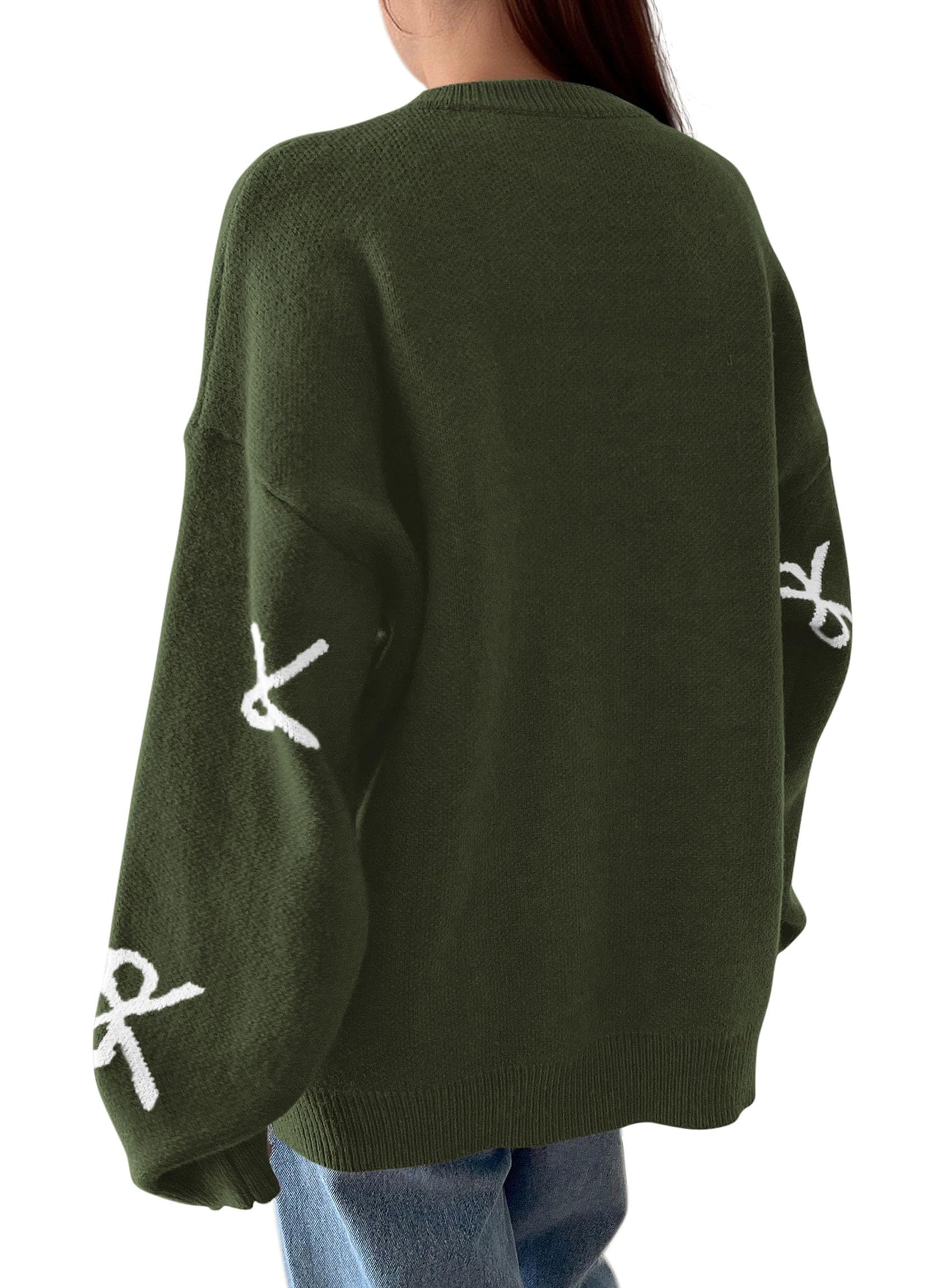 Fall Long Sleeve Pullover Sweaters for Women 2026 Trendy Crewneck Casual Cute Bow Chunky Knit Oversized Sweater (Army Green,Small)