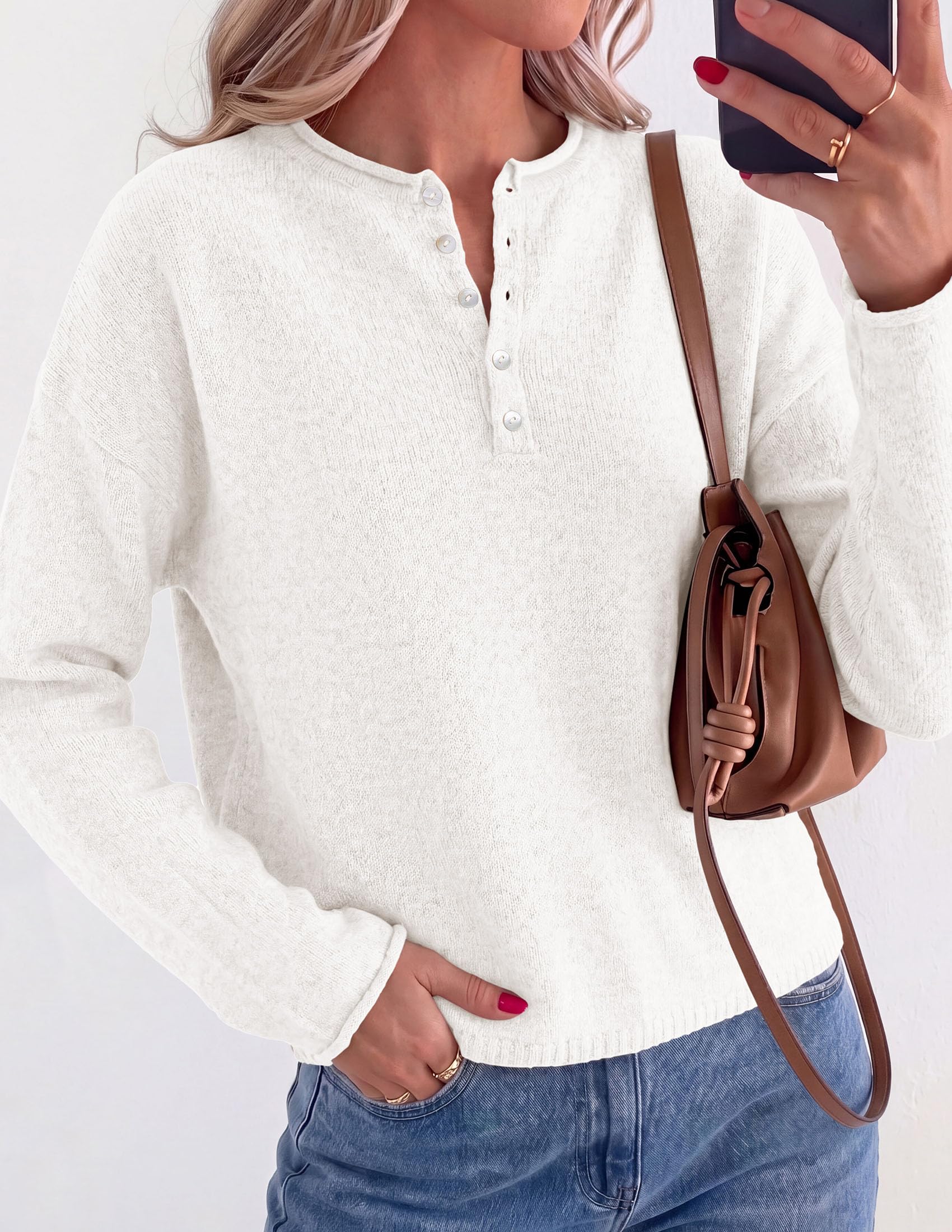 Women's Henley Cozy Sweaters Button Up Pullover White S