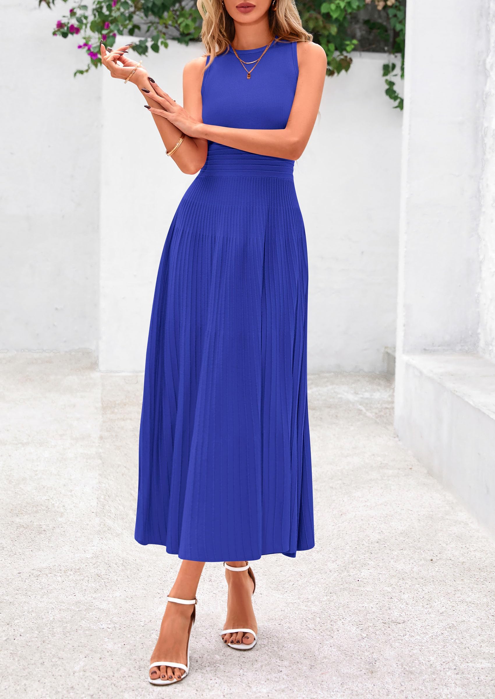 Women's Summer Pleated Midi Work Dress,Brilliant Blue,S
