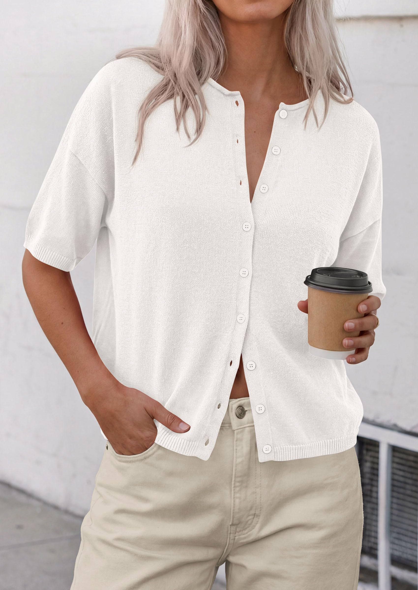 Women's Short Sleeve Cardigan Sweaters (White,Small)