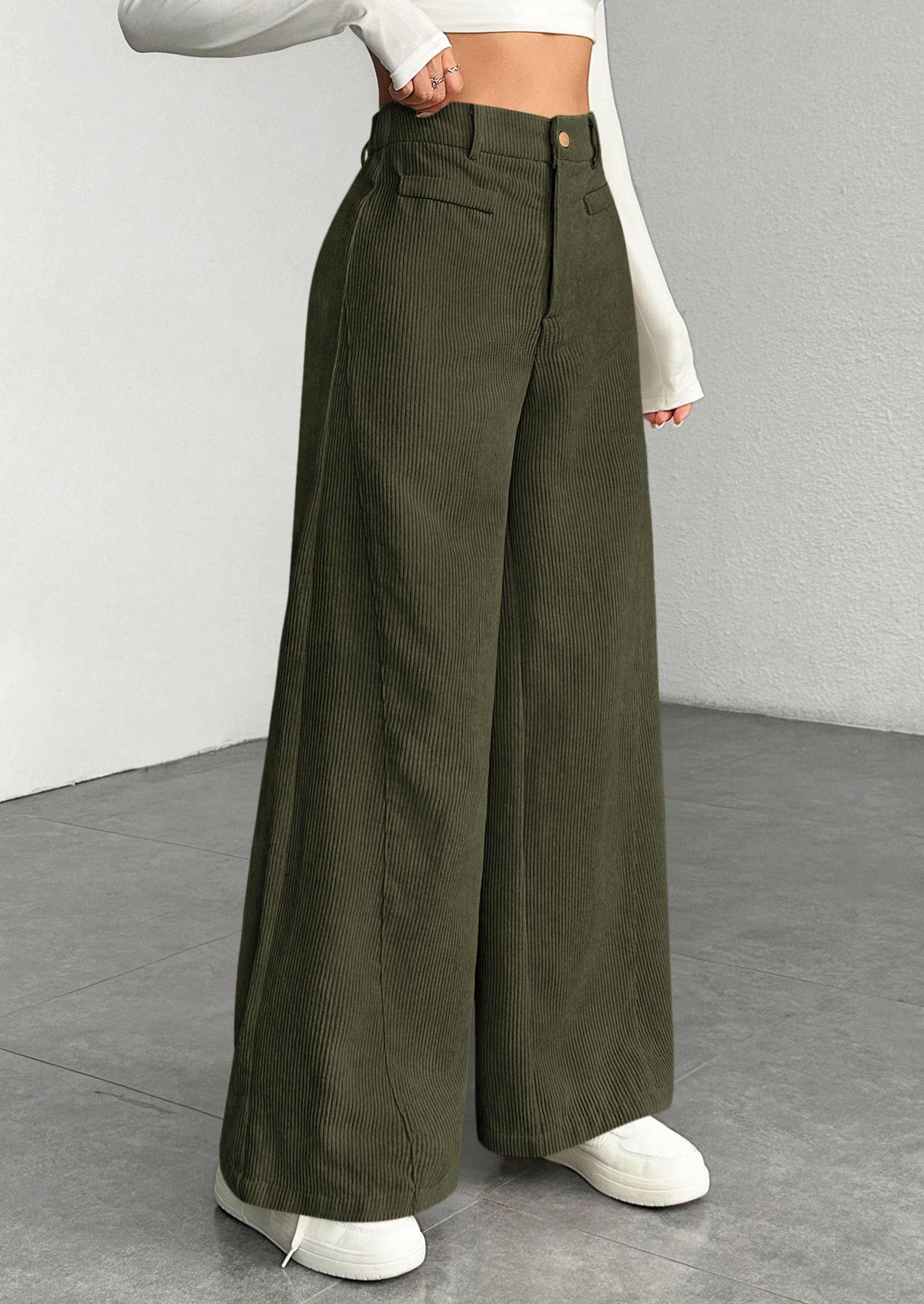 Women's High Waisted Corduroy Pants Casual,Army Green,M