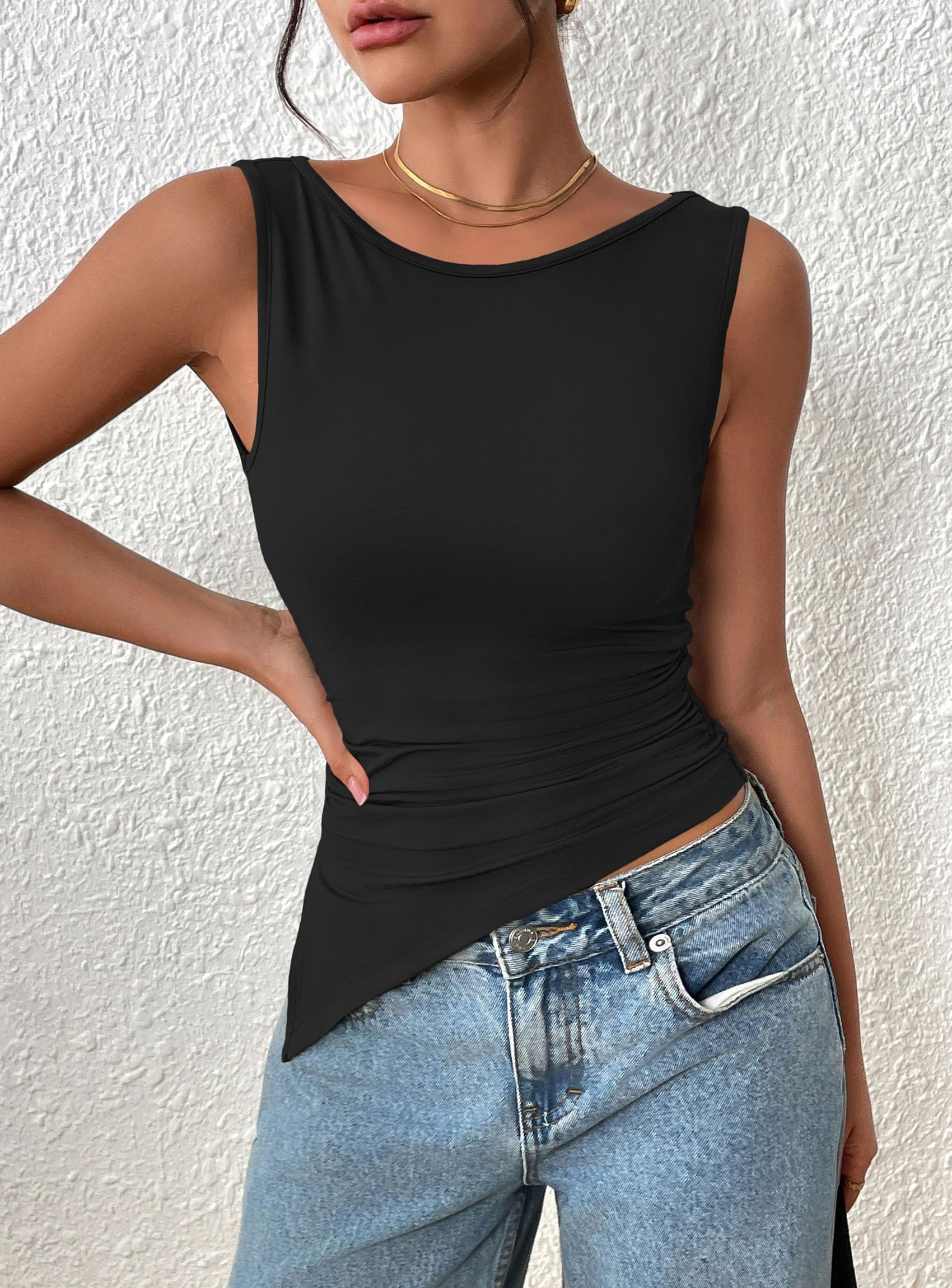 Women's Ruched Tank Tops Summer Y2K Shirts,Black,S