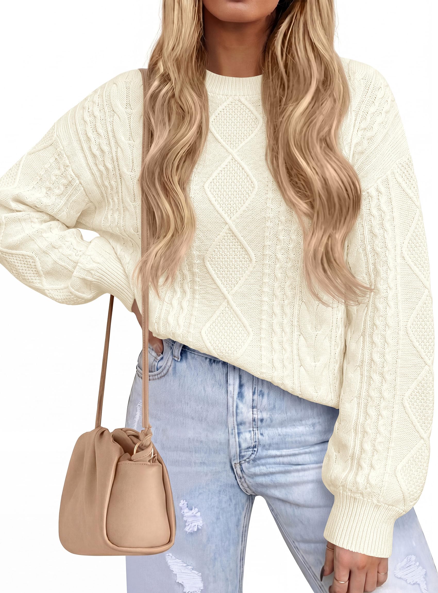 Women's Crewneck Cable Knit Sweater Pullover Tops Beige