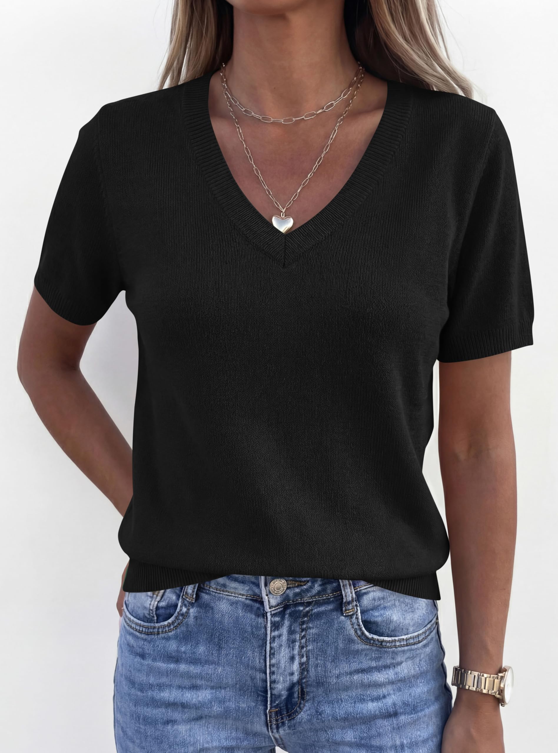 Womens Short Sleeve Sweater V Neck Tops,Black,S