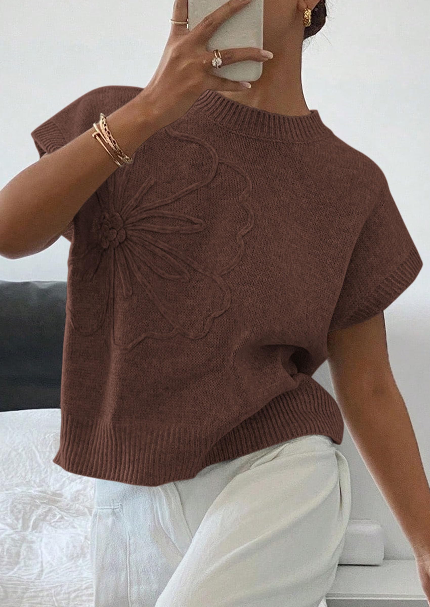 Women's Summer Short Cap Sleeve Sweater Vest (Brown,S)