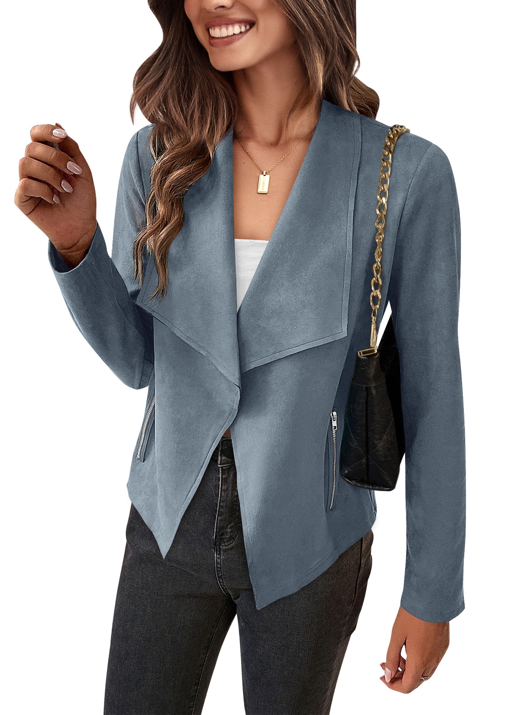 Women's Fall Fashion Faux Suede Jackets(Grey Blue,Small)