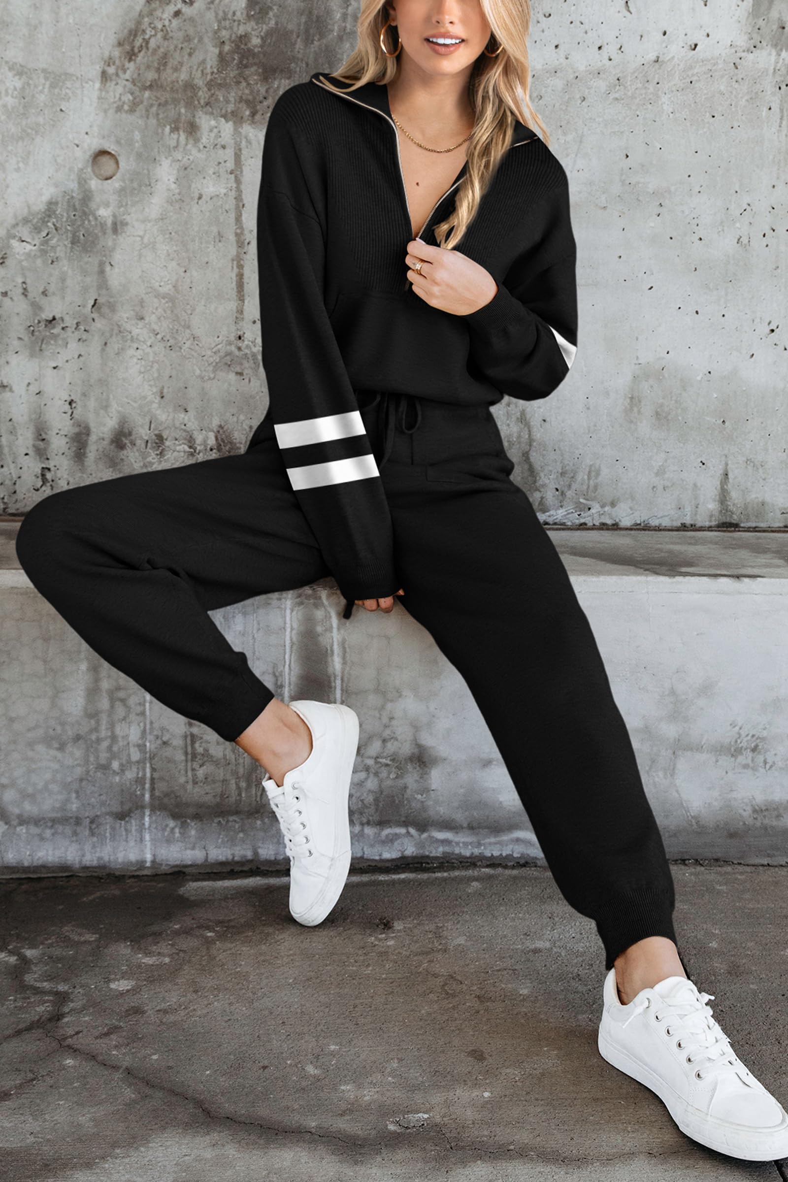Women's 2 Piece Sweatsuits Set Fall Outfits(Striped Black,L)