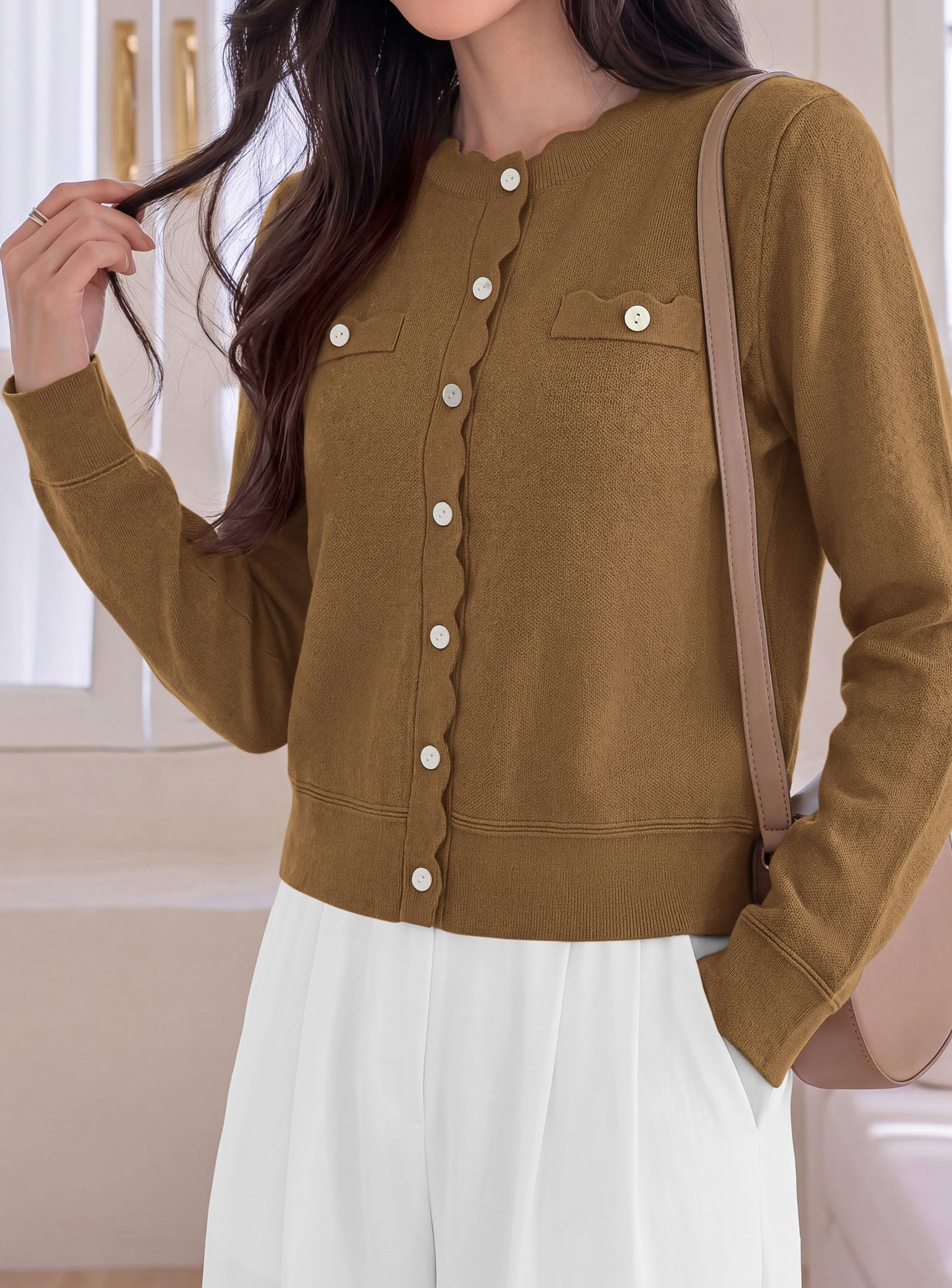 Womens Lightweight Cardigan Sweaters Scalloped Trim Fall Tops