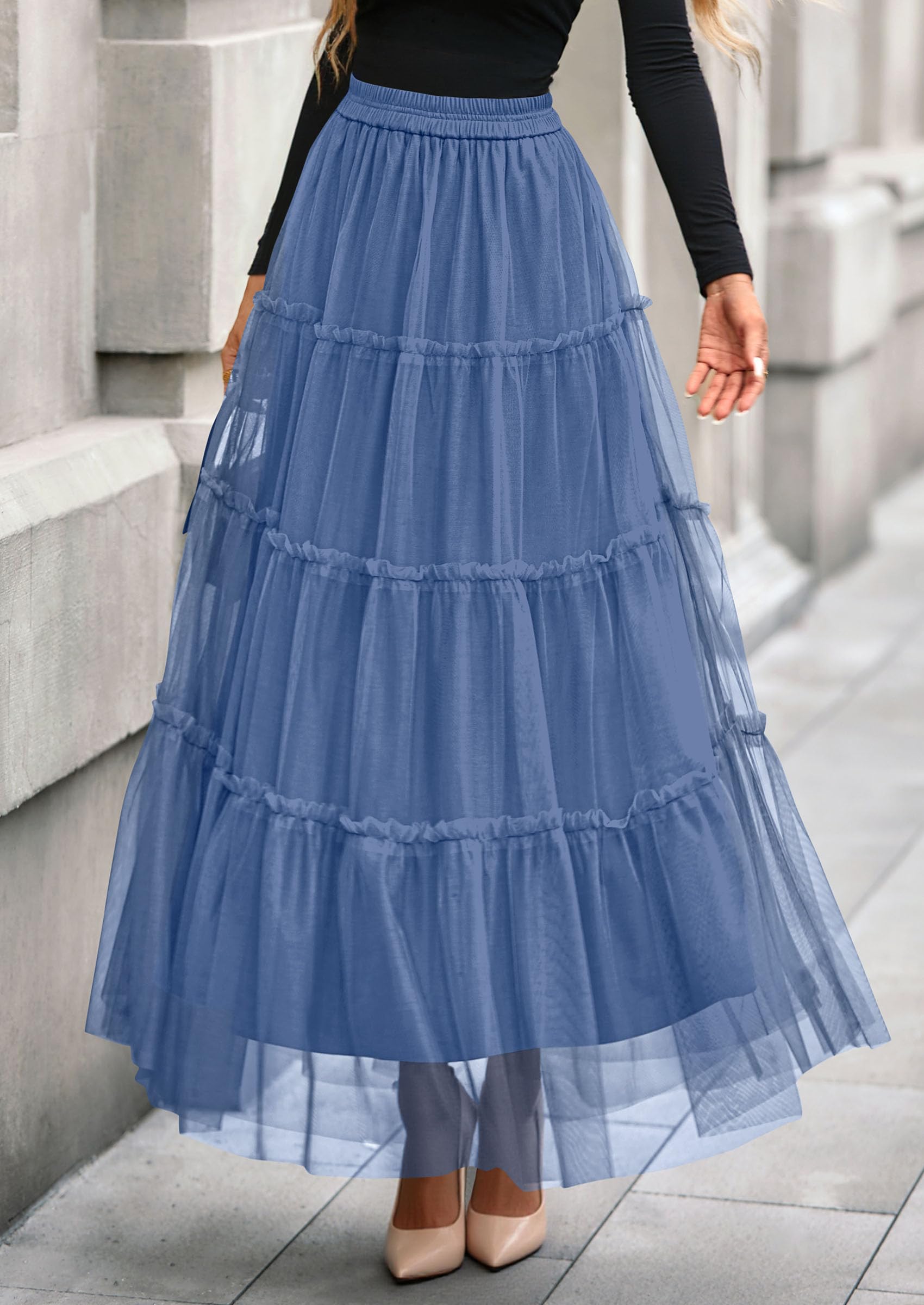 Women's Fall Soft Tulle Tiered Long Skirt,Grey Blue,S