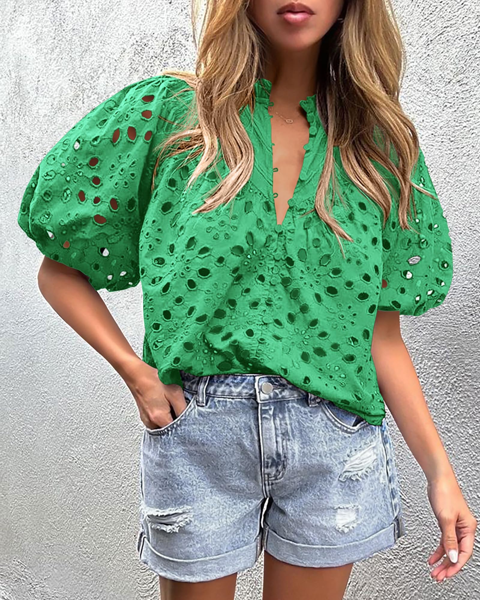 Womens Tops Boho Eyelet Puff Sleeve Blouse, Green,M